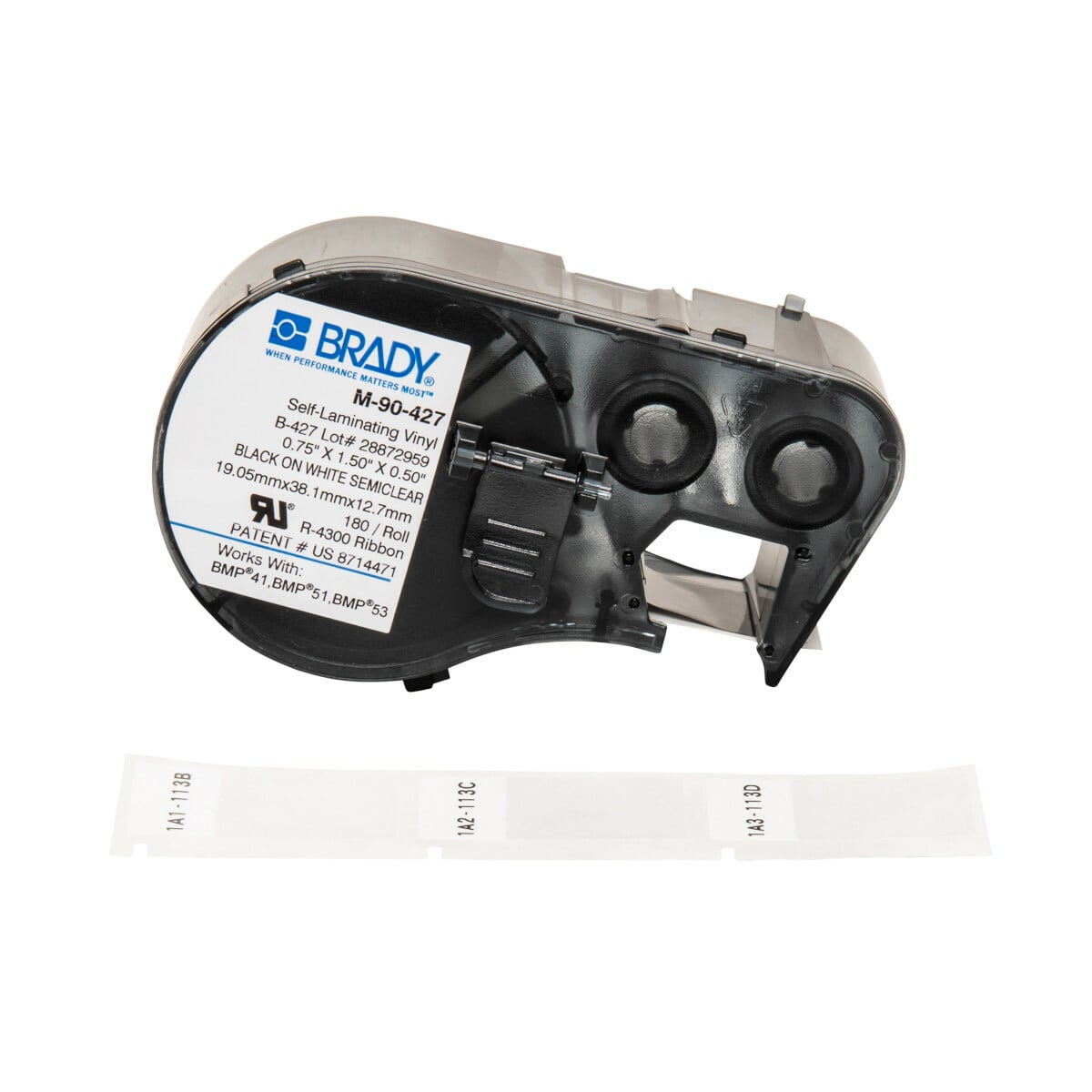 M-90-427 M Series Rectangular Label Marker Cartridge, 1-1/2 in L x 1/2 in W, For Use With BMP 41, BMP 51 and BMP 53 Label Makers, B-427 Vinyl, Black on Clear/White