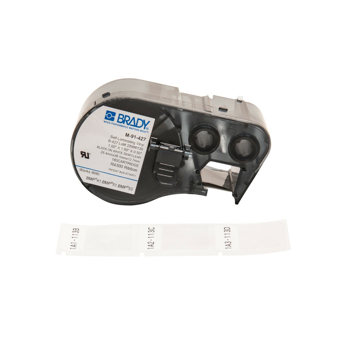M-91-427 M Series Rectangular Label Marker Cartridge, 1-1/2 in L x 1/2 in W, For Use With BMP 41, BMP 51 and BMP 53 Label Makers, B-427 Vinyl, Black on Clear/White