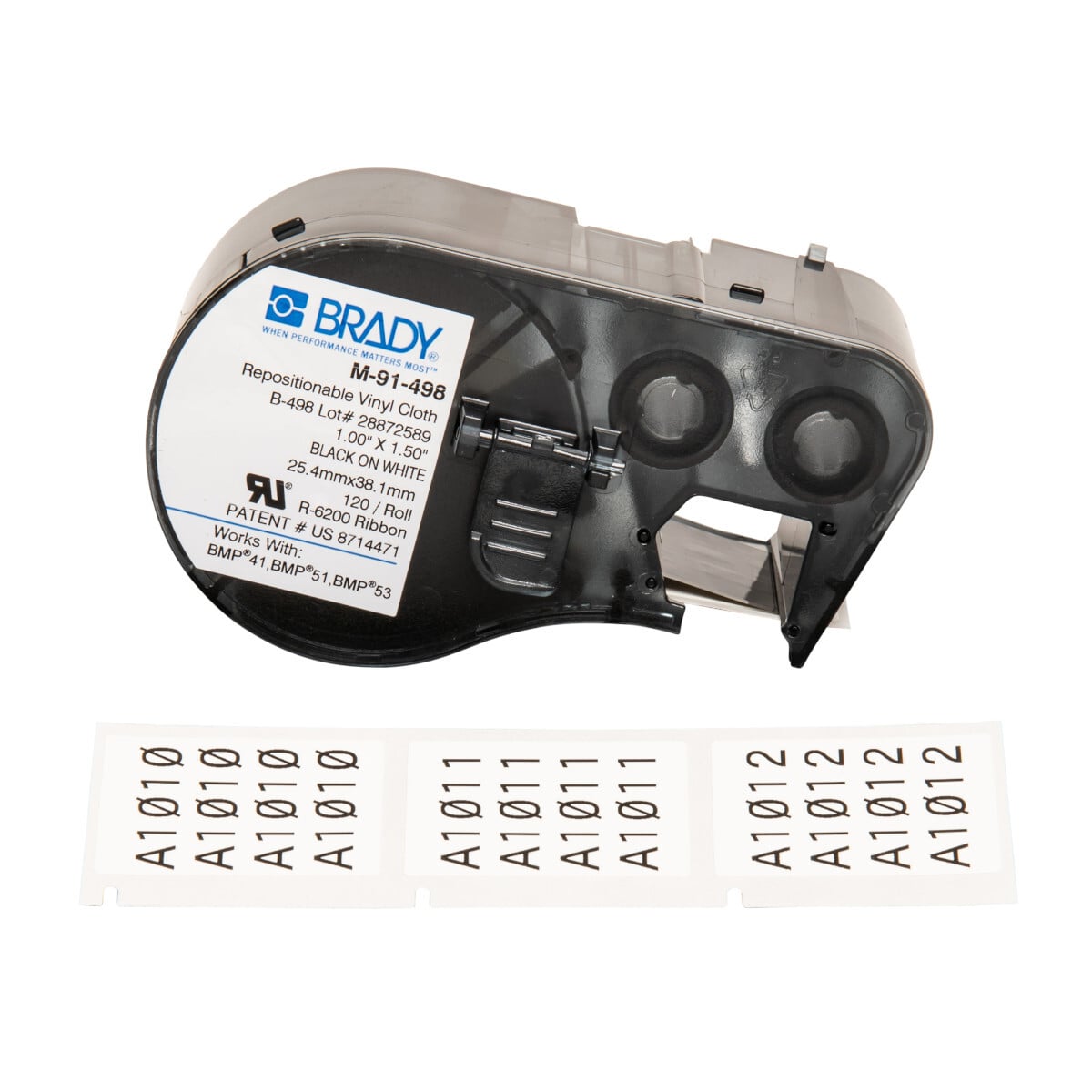 M-91-498 CleanLift M Series Rectangular Label Maker Cartridge, 1-1/2 in L x 1 in W, For Use With BMP 41, BMP 51 and BMP 53 Label Makers, B-498 Vinyl Coated Fabric, Black on White