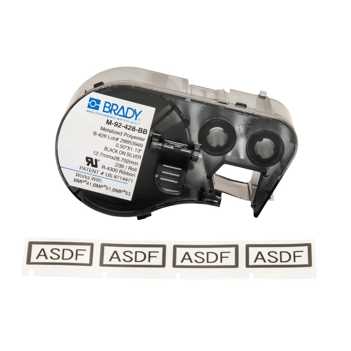 M-92-428-BB MetaLabel M Series Cartridge Label, 1/2 in L x 1.13 in W, For Use With BMP 41, BMP 51 and BMP 53 Label Makers, B-428 Polyester, Black on Light Gray