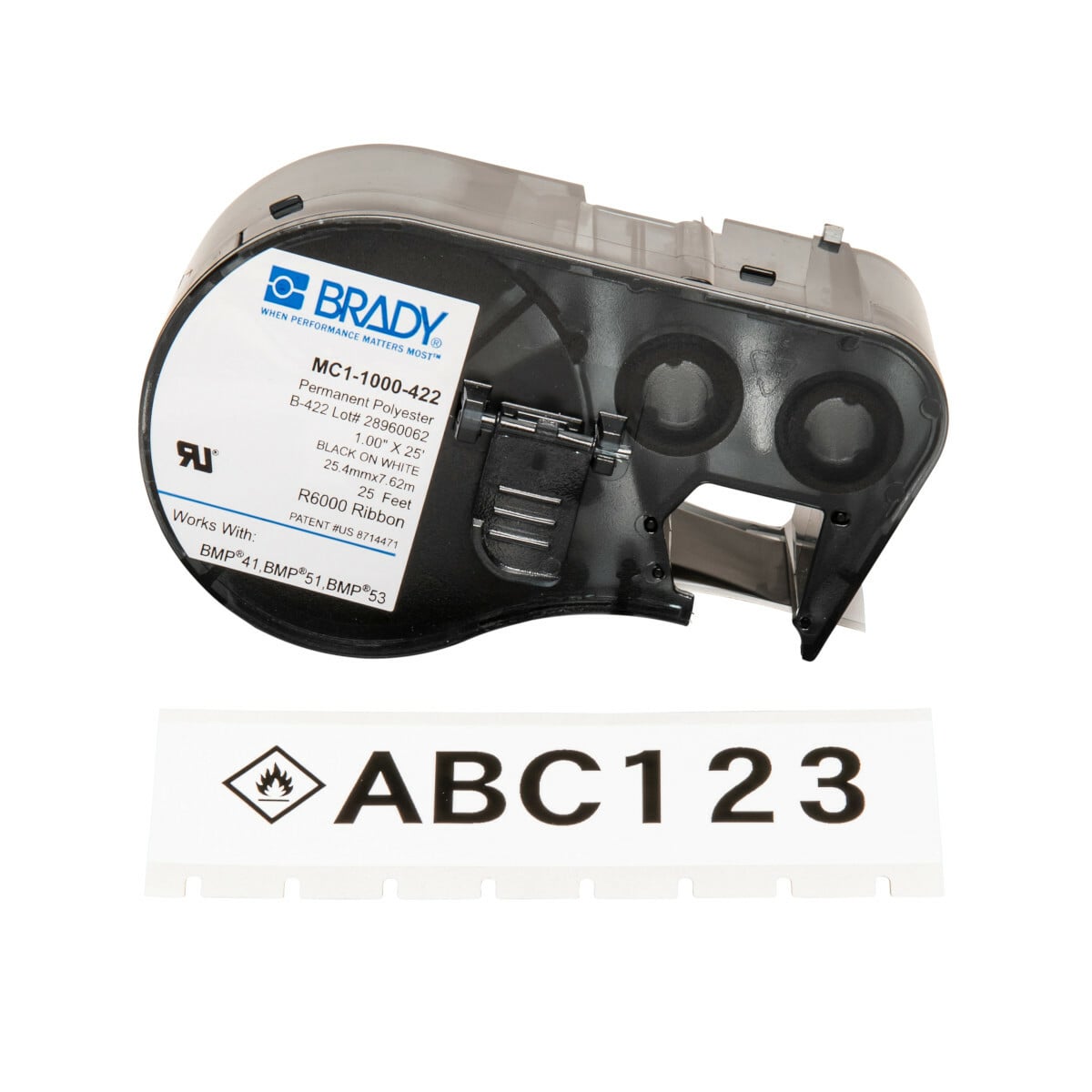 MC1-1000-422 ToughBond M Series Cartridge Label, 25 ft L x 1 in W, For Use With BMP 41 Label Printers, BMP 51 and BMP 53 Label Maker, B-422 Polyester, Black on White