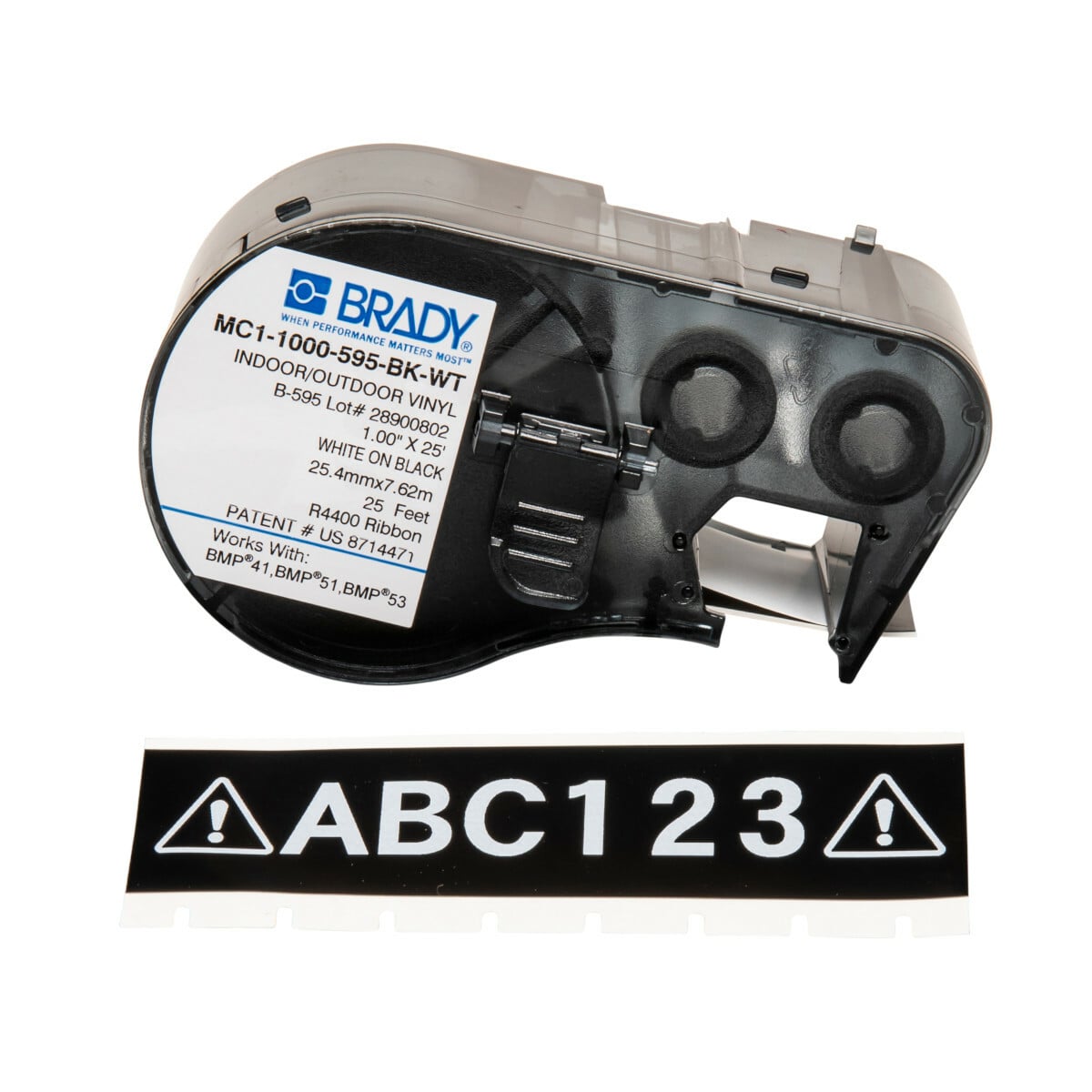 MC1-1000-595-BK-WT M Series Label Maker Cartridge, 25 ft L x 1 in W, For Use With BMP 41 Label Printers, BMP 51 and BMP 53 Label Maker, B-595 Vinyl, White on Black