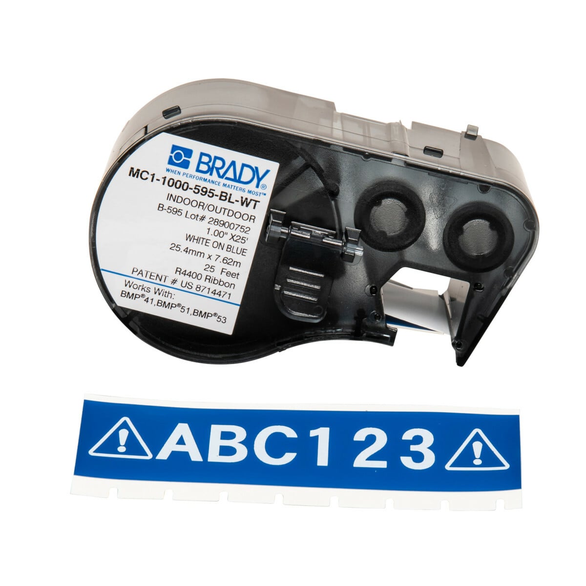 MC1-1000-595-BL-WT M Series Label Maker Cartridge, 25 ft L x 1 in W, For Use With BMP 41 Label Printers, BMP 51 and BMP 53 Label Maker, B-595 Vinyl, White on Blue