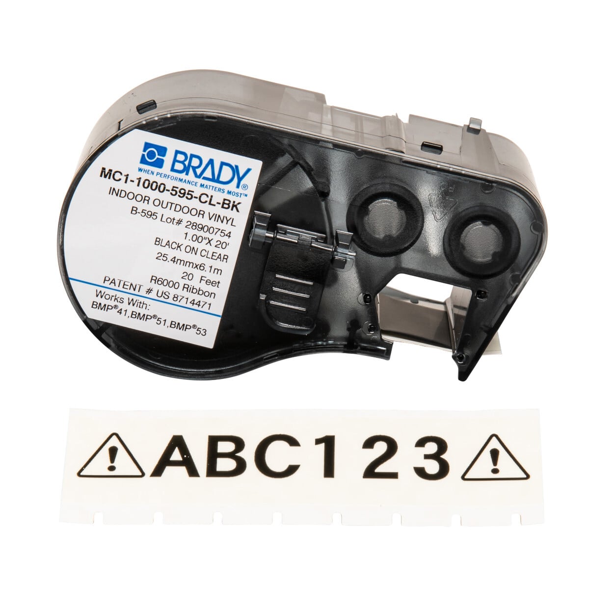MC1-1000-595-CL-BK M Series Label Maker Cartridge, 20 ft L x 1 in W, For Use With BMP 41 Label Printers, BMP 51 and BMP 53 Label Maker, B-595 Vinyl, Black on Clear