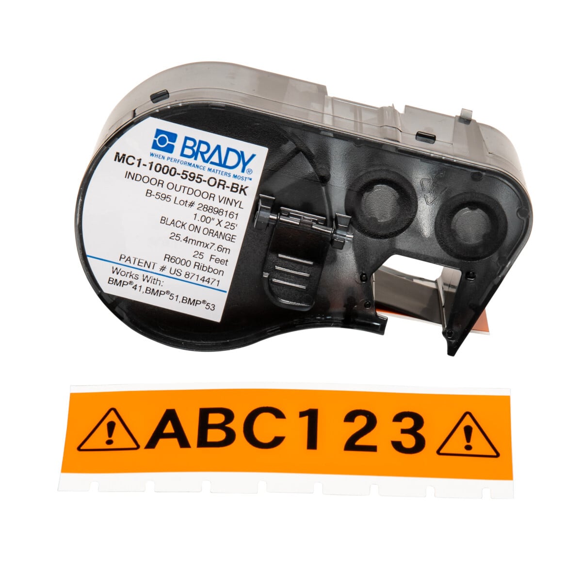 MC1-1000-595-OR-BK M Series Label Maker Cartridge, 25 ft L x 1 in W, For Use With BMP 41 Label Printers, BMP 51 and BMP 53 Label Maker, B-595 Vinyl, Black on Orange