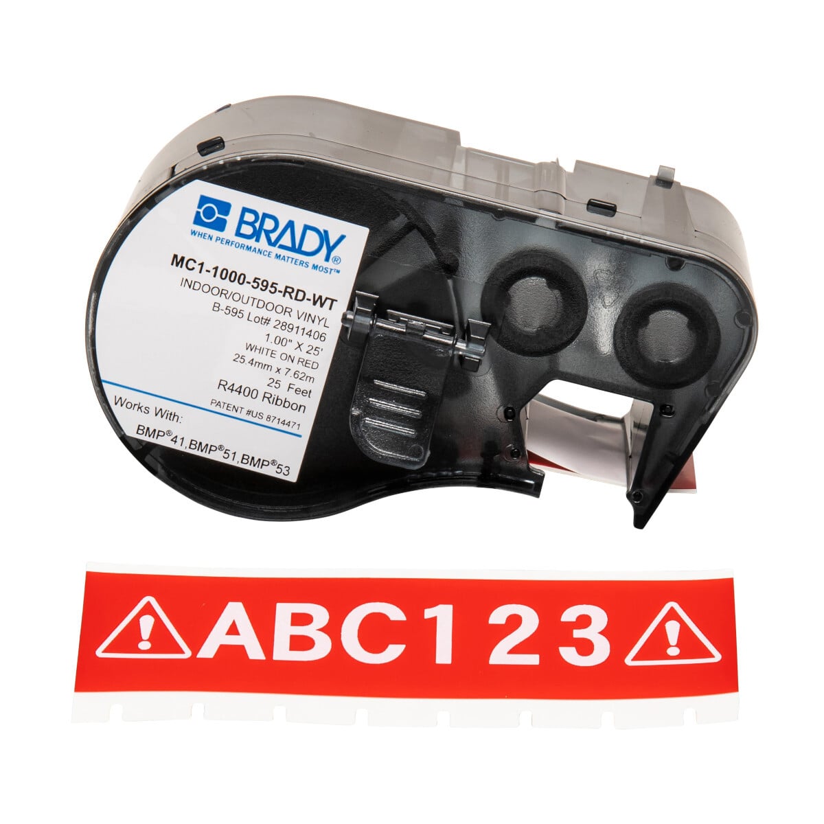 MC1-1000-595-RD-WT M Series Label Maker Cartridge, 25 ft L x 1 in W, For Use With BMP 41 Label Printers, BMP 51 and BMP 53 Label Maker, B-595 Vinyl, White on Red
