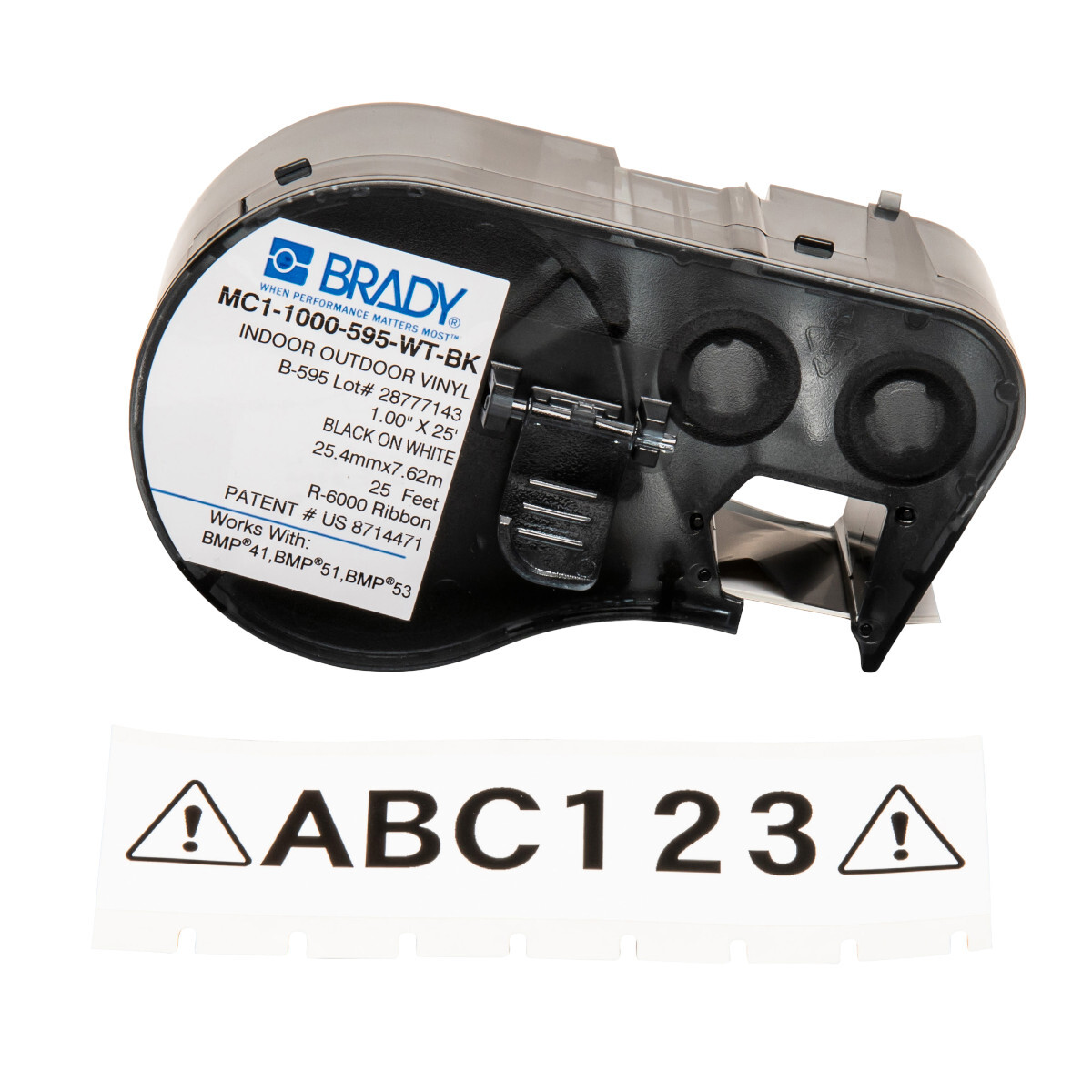 MC1-1000-595-WT-BK M Series Label Maker Cartridge, 25 ft L x 1 in W, For Use With BMP 41 Label Printers, BMP 51 and BMP 53 Label Maker, B-595 Vinyl, Black on White