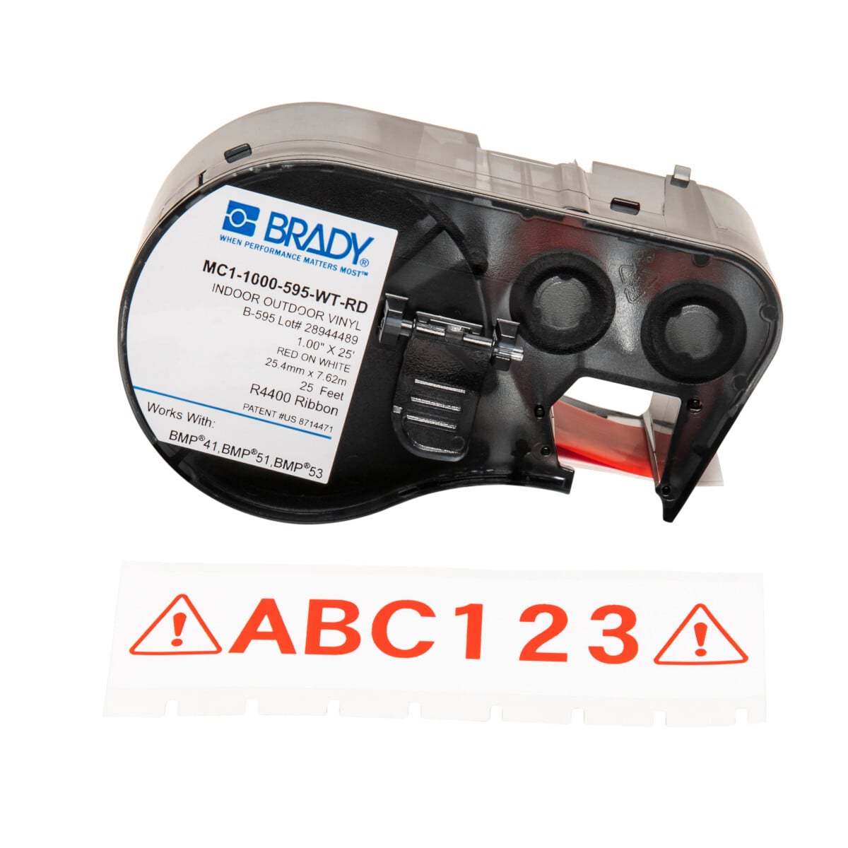 MC1-1000-595-WT-RD M Series Cartridge Label, 25 ft L x 1 in W, For Use With BMP 41 Label Printers, BMP 51 and BMP 53 Label Maker, B-595 Vinyl, Red on White