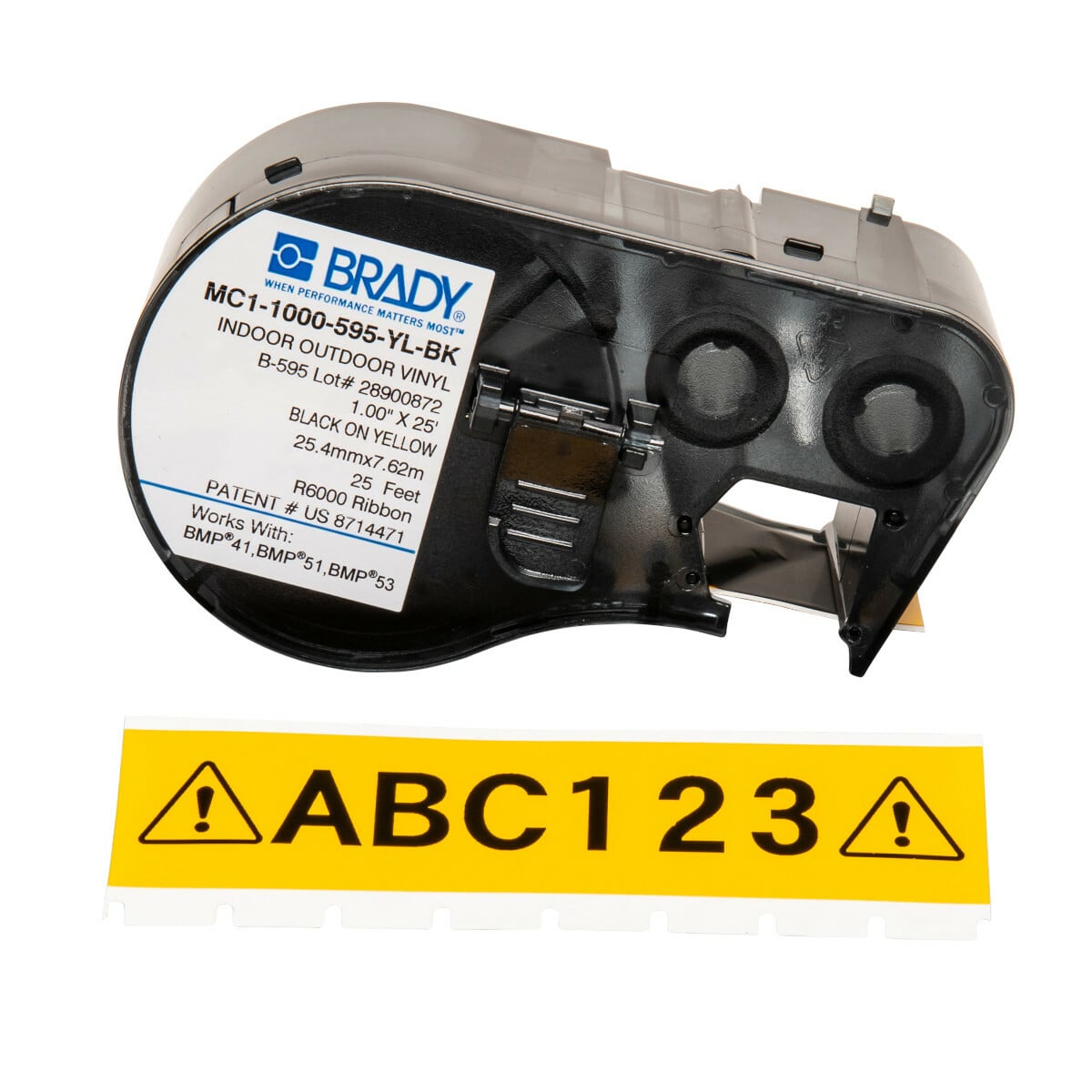 MC1-1000-595-YL-BK M Series Label Maker Cartridge, 25 ft L x 1 in W, For Use With BMP 41 Label Printers, BMP 51 and BMP 53 Label Maker, B-595 Vinyl, Black on Yellow