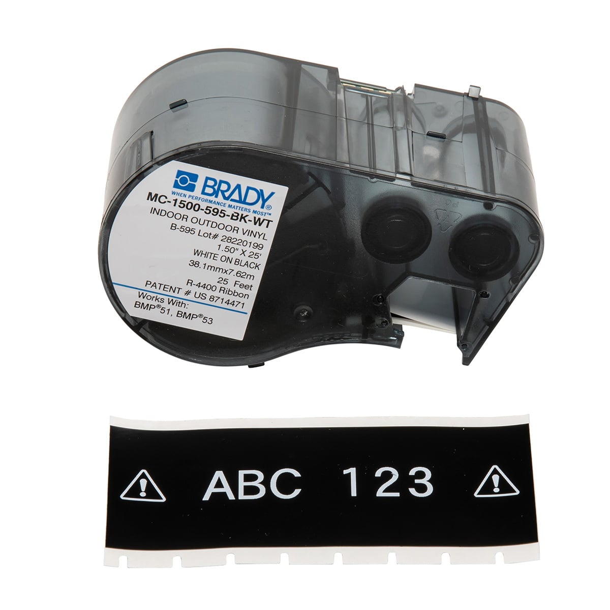MC-1500-595-BK-WT M Series Label Maker Cartridge, 25 ft L x 1-1/2 in W, For Use With BMP 53 and BMP 51 Label Maker, B-595 Vinyl, White on Black