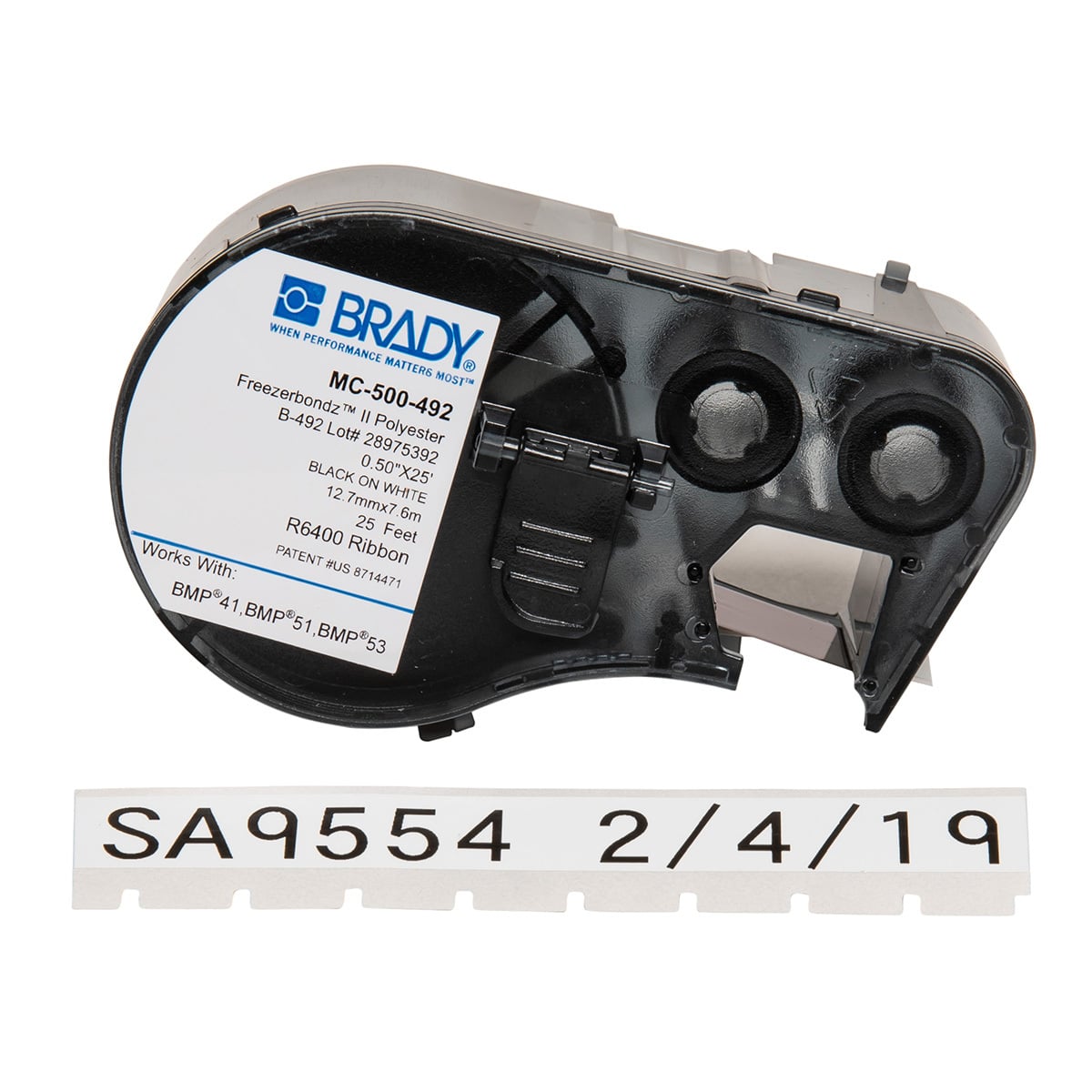 MC-500-492 M Series Cartridge Label, 25 ft L x 1/2 in W, For Use With BMP 53 and BMP 51 Label Maker, B-492 Polyester, Black on White