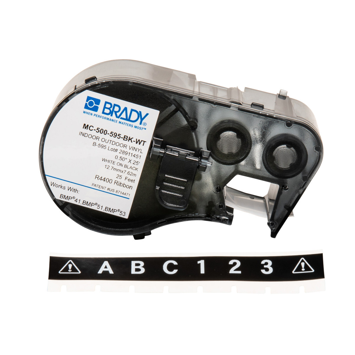 MC-500-595-BK-WT M Series Label Maker Cartridge, 25 ft L x 1/2 in W, For Use With BMP 41 Label Printers, BMP 51 and BMP 53 Label Maker, B-595 Vinyl, White on Black