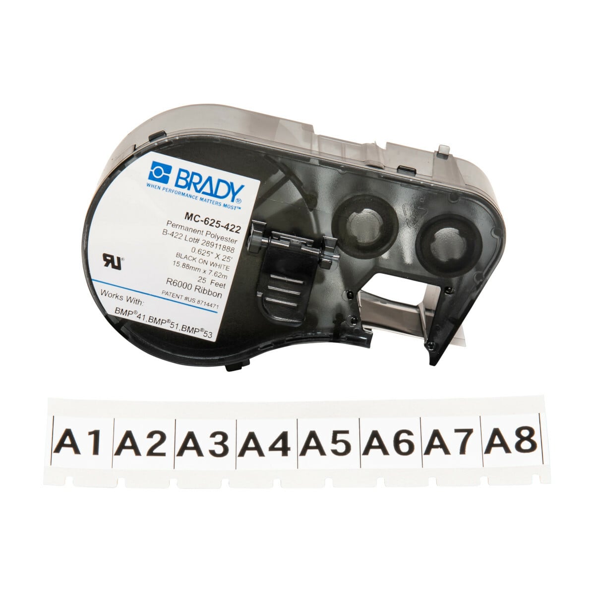 MC-625-422 ToughBond M Series Cartridge Label, 25 ft L x 5/8 in W, For Use With BMP 41 Label Printers, BMP 51 and BMP 53 Label Maker, B-422 Polyester, Black on White