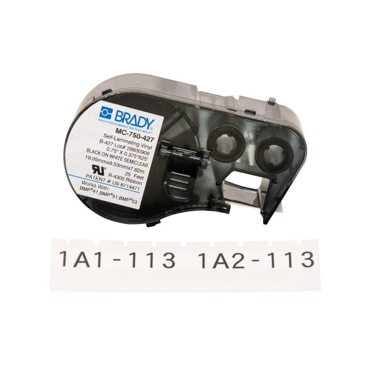 MC-750-427 M Series Label Maker Cartridge, 25 ft L x 3/4 in W, For Use With BMP 41 Label Printers, BMP 51 and BMP 53 Label Maker, B-427 Vinyl, Black on Translucent/White