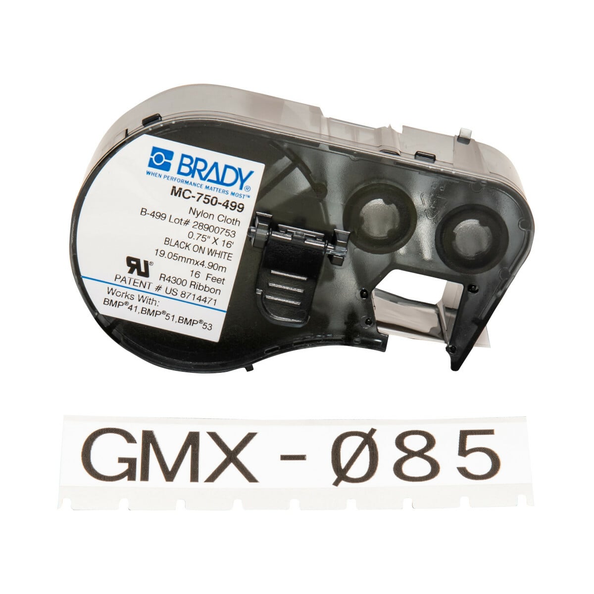 MC-750-499 M Series Low Profile Cartridge Label, 16 ft L x 3/4 in W, For Use With BMP 41 Label Printers, BMP 51 and BMP 53 Label Maker, B-499 Polyamide Coated Nylon Cloth, Black on White