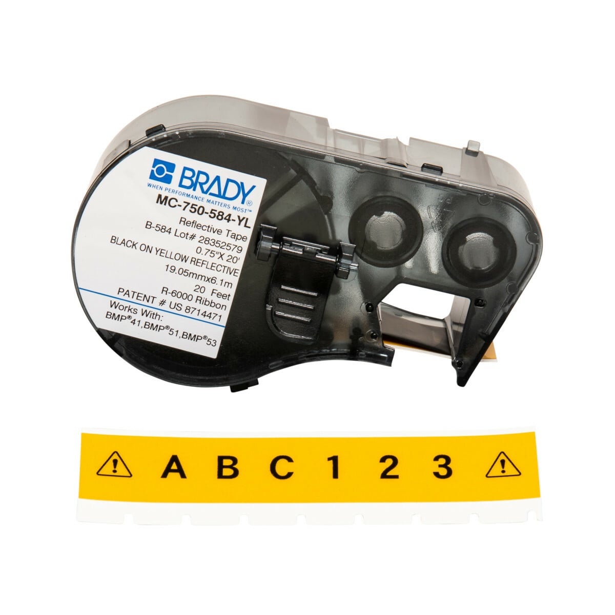 MC-750-584-YL M Series Cartridge Label, 25 ft L x 3/4 in W, For Use With BMP 41 Label Printers, BMP 51 and BMP 53 Label Maker, B-584 Retroreflective Sheeting, Black on White