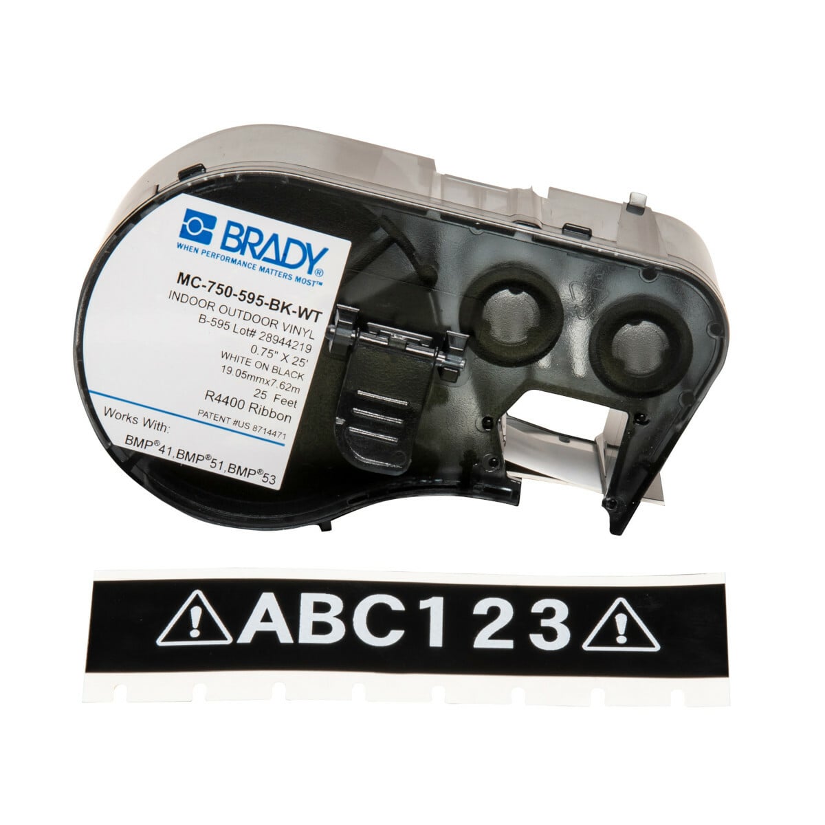 MC-750-595-BK-WT M Series Cartridge Label, 25 ft L x 3/4 in W, For Use With BMP 41 Label Printers, BMP 51 and BMP 53 Label Maker, B-595 Vinyl, White on Black