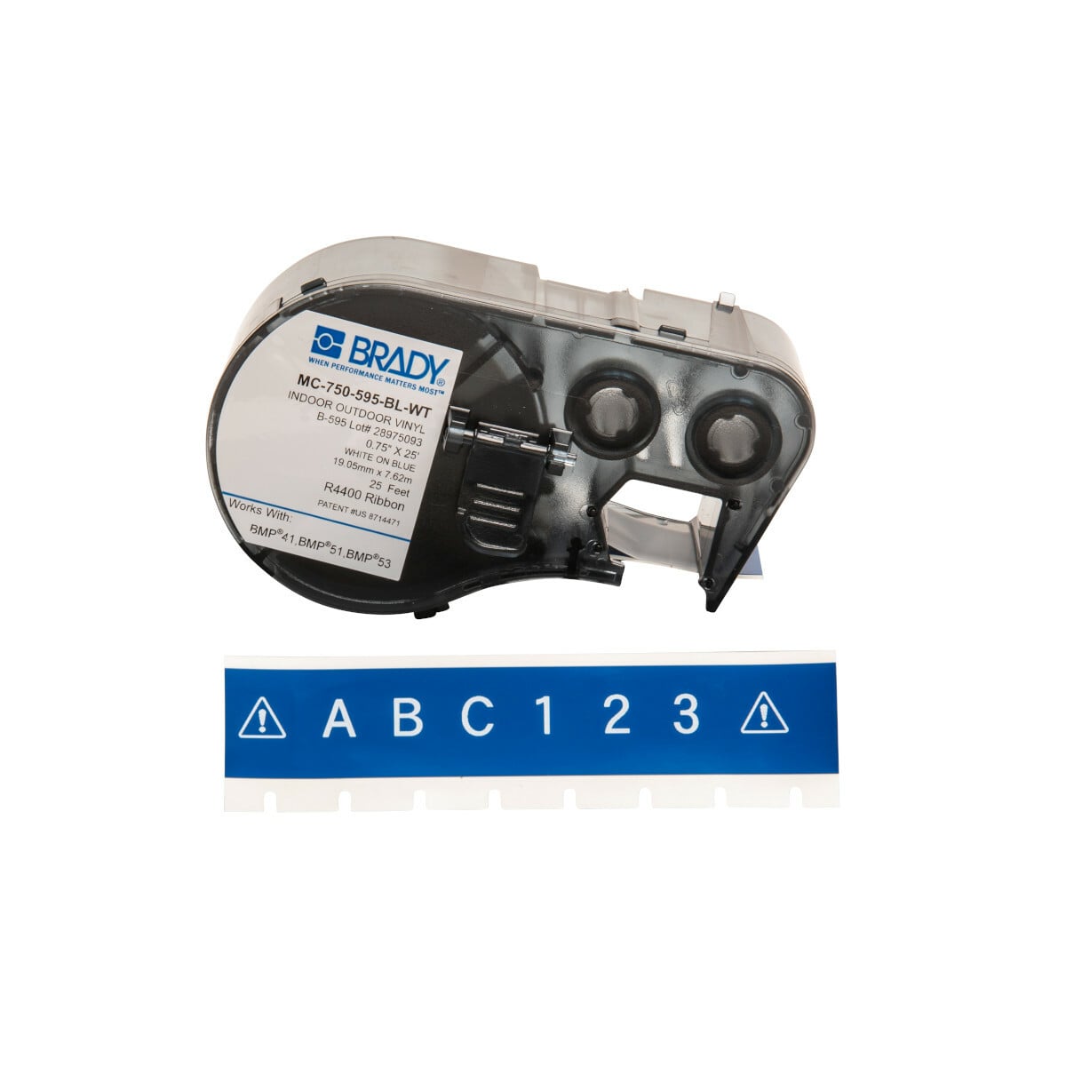 MC-750-595-BL-WT M Series Cartridge Label, 25 ft L x 3/4 in W, For Use With BMP 41 Label Printers, BMP 51 and BMP 53 Label Maker, B-595 Vinyl, White on Blue