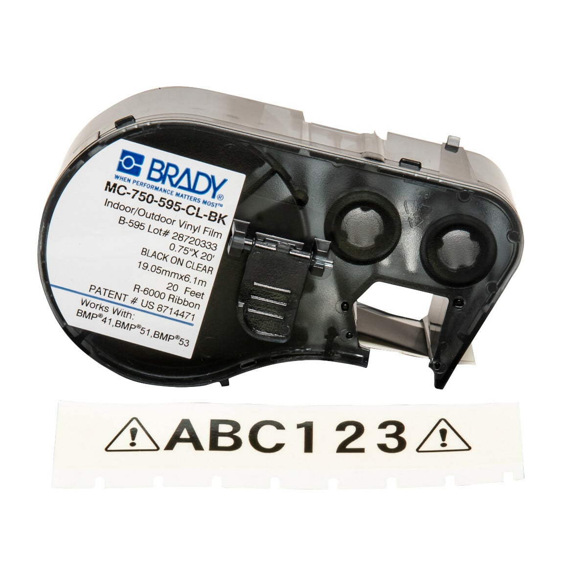 MC-750-595-CL-BK M Series Cartridge Label, 20 ft L x 3/4 in W, For Use With BMP 41 Label Printers, BMP 51 and BMP 53 Label Maker, B-595 Vinyl, Black on Clear