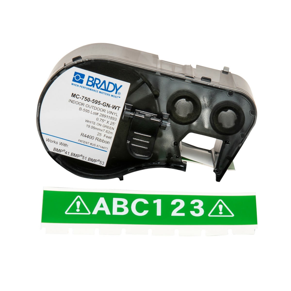 MC-750-595-GN-WT M Series Cartridge Label, 25 ft L x 3/4 in W, For Use With BMP 41 Label Printers, BMP 51 and BMP 53 Label Maker, B-595 Vinyl, White on Green