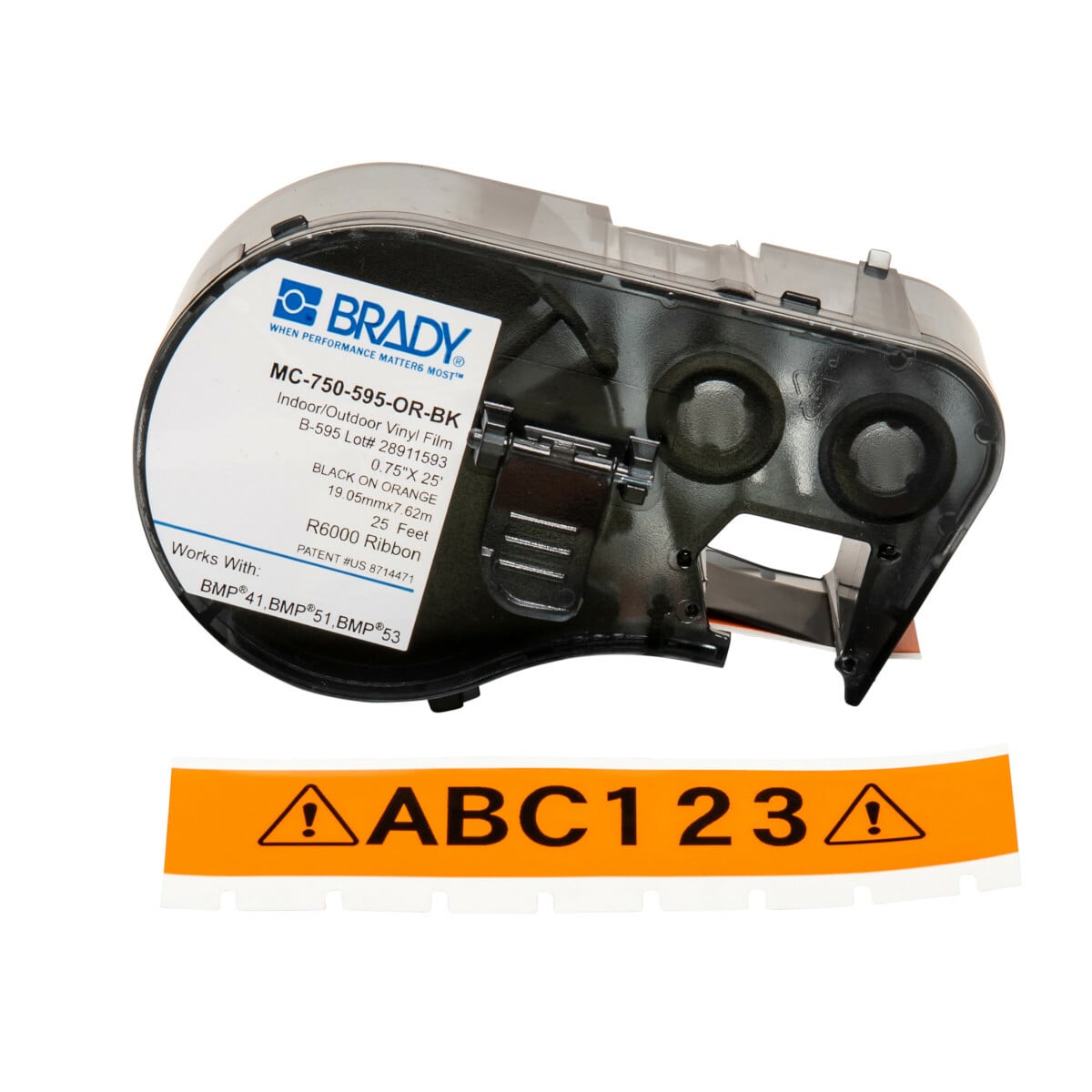 MC-750-595-OR-BK M Series Label Maker Cartridge, 25 ft L x 3/4 in W, For Use With BMP 41 Label Printers, BMP 51 and BMP 53 Label Maker, B-595 Vinyl, Black on Orange