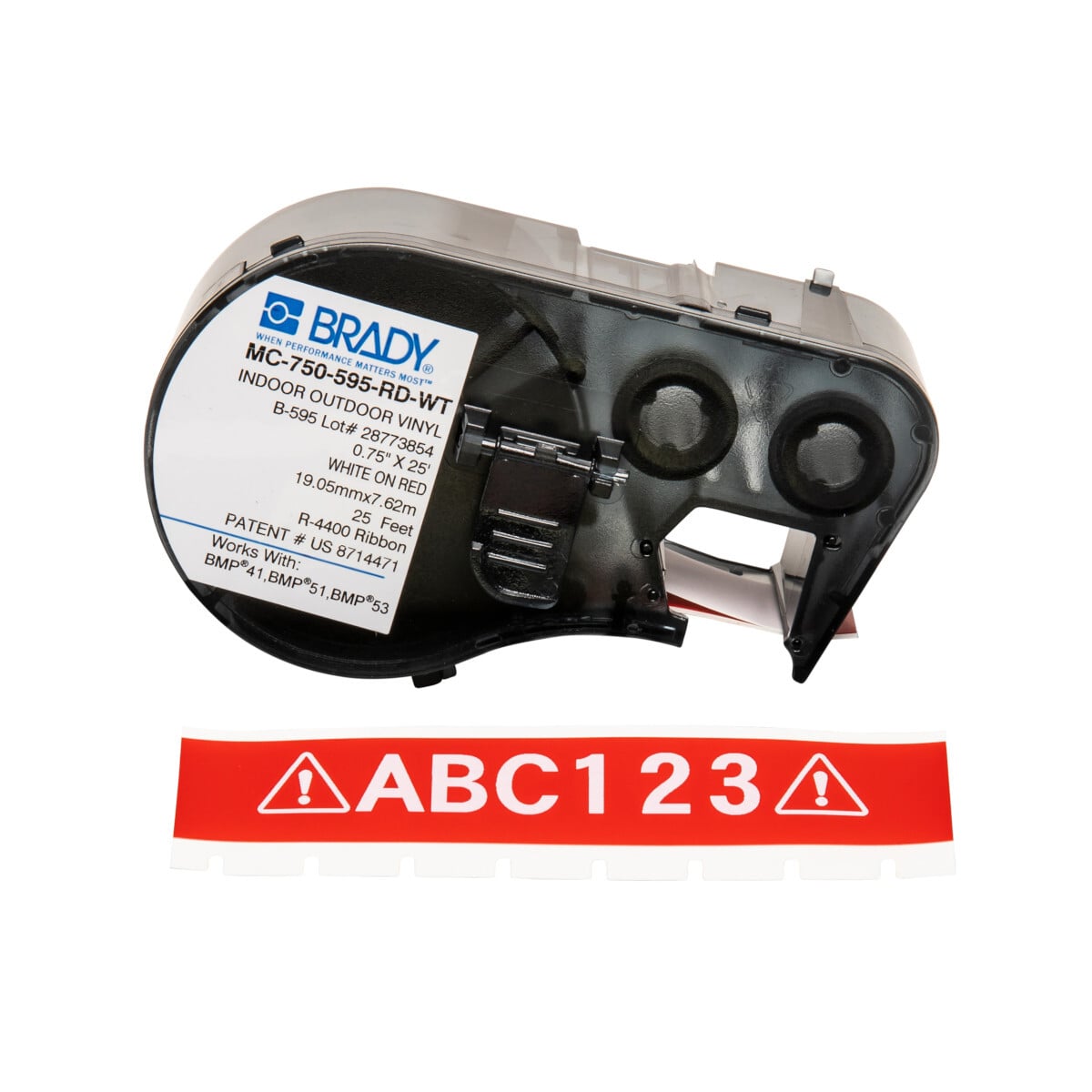 MC-750-595-RD-WT M Series Cartridge Label, 25 ft L x 3/4 in W, For Use With BMP 41 Label Printers, BMP 51 and BMP 53 Label Maker, B-595 Vinyl, White on Red
