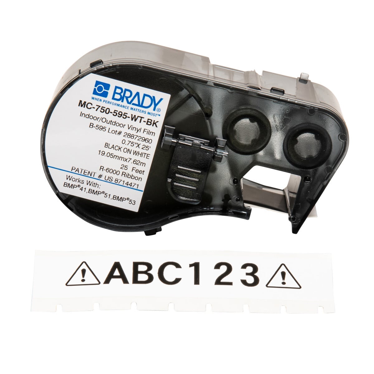 MC-750-595-WT-BK M Series Label Maker Cartridge, 25 ft L x 3/4 in W, For Use With BMP 41 Label Printers, BMP 51 and BMP 53 Label Maker, B-595 Vinyl, Black on White