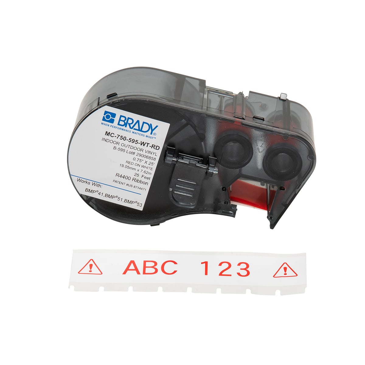 MC-750-595-WT-RD M Series Cartridge Label, 25 ft L x 3/4 in W, For Use With BMP 41 Label Printers, BMP 51 and BMP 53 Label Maker, B-595 Vinyl, Red on White