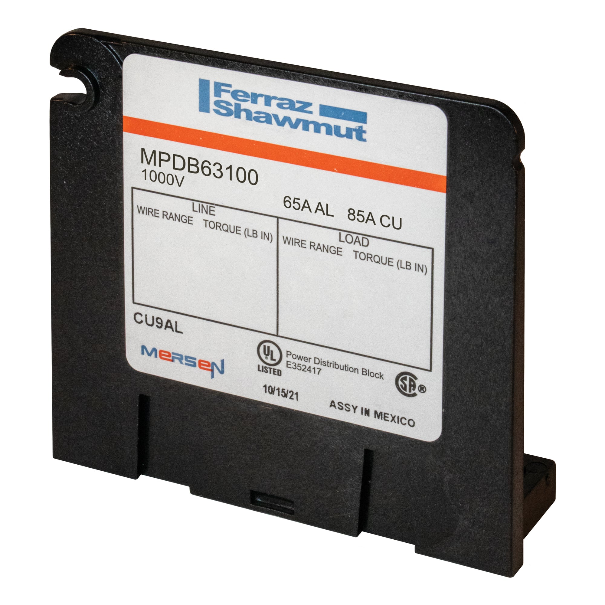 MPDB63100 Adder Miniature Open Style Power Distribution Block, 600 V AC, 85 A, 14 to 4 AWG Wire, Polycarbonate