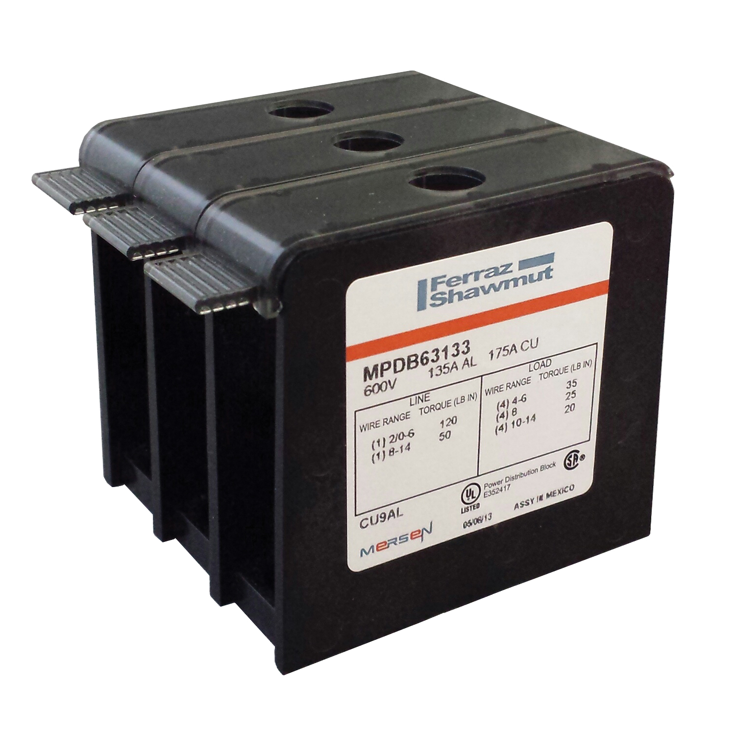 MPDB63133 Miniature Open Style Power Distribution Block, 600 V AC, 175 A, 3 Poles, 14 to 2/0 AWG, 14 to 4 AWG Wire, Polycarbonate