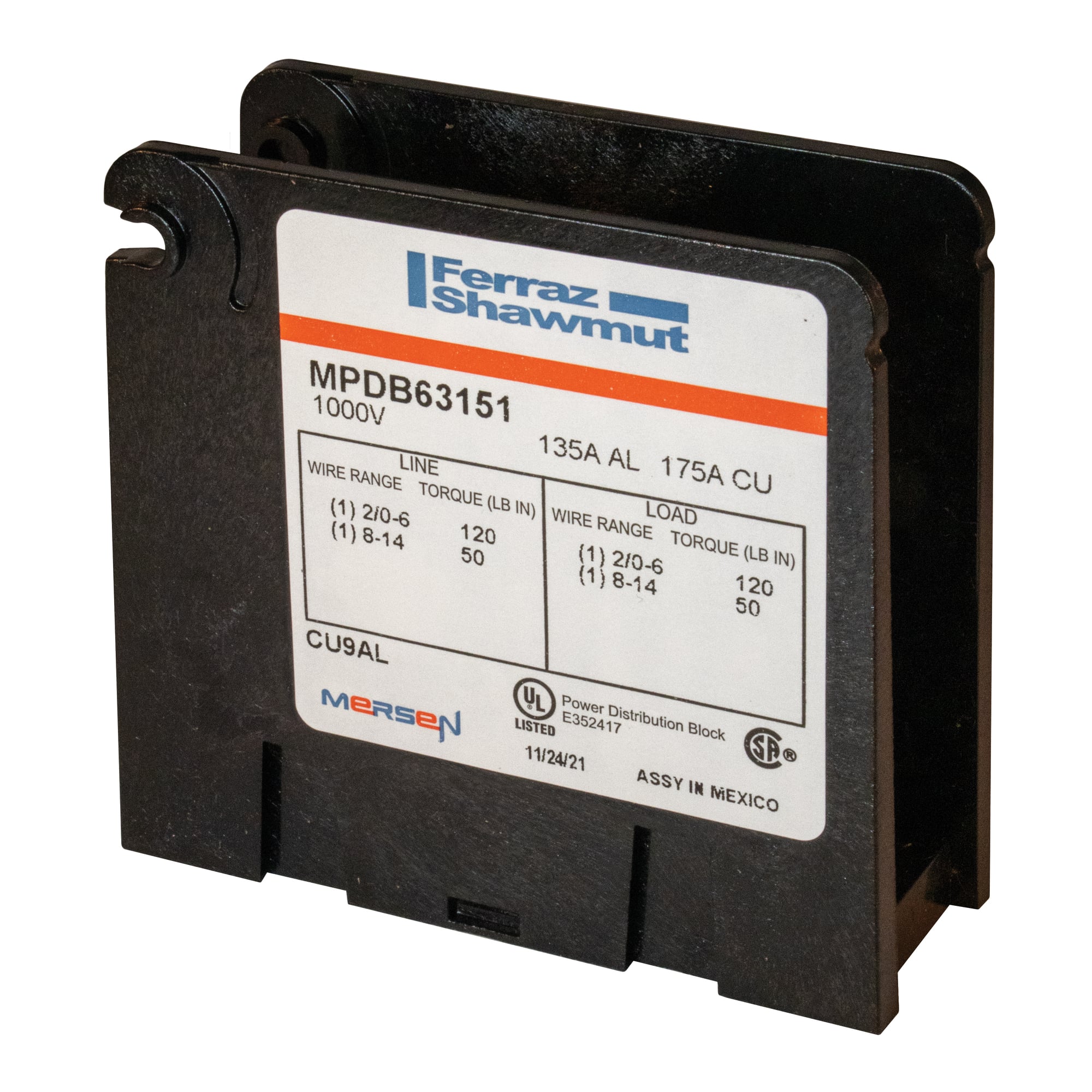 MPDB63151 Miniature Open Style Power Distribution Block, 600 V AC, 175 A, 1 Pole, 14 to 2/0 AWG Wire, Polycarbonate