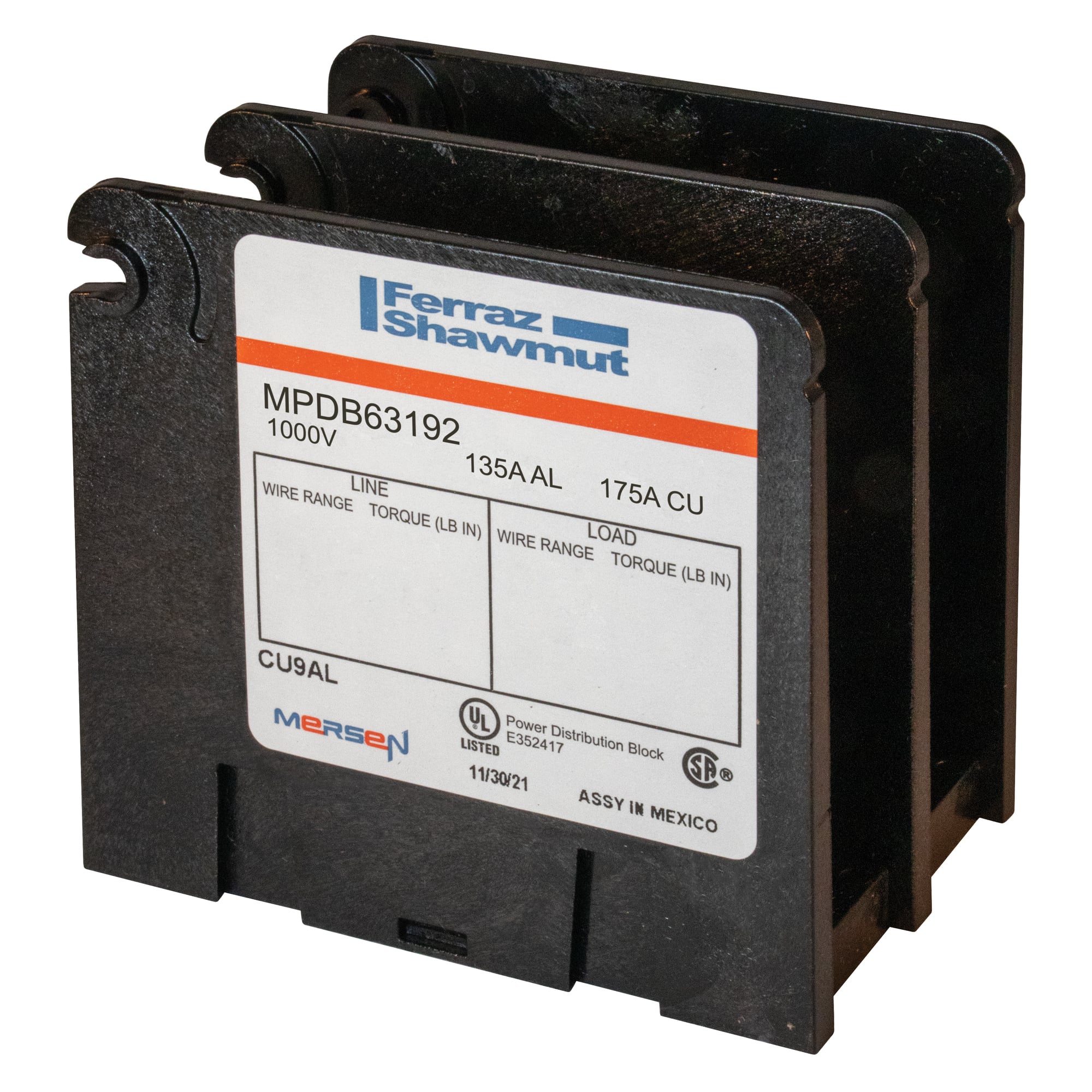 MPDB63192 Miniature Open Style Power Distribution Block, 600 V AC, 175 A, 2 Poles, 14 to 2/0 AWG Wire, Polycarbonate