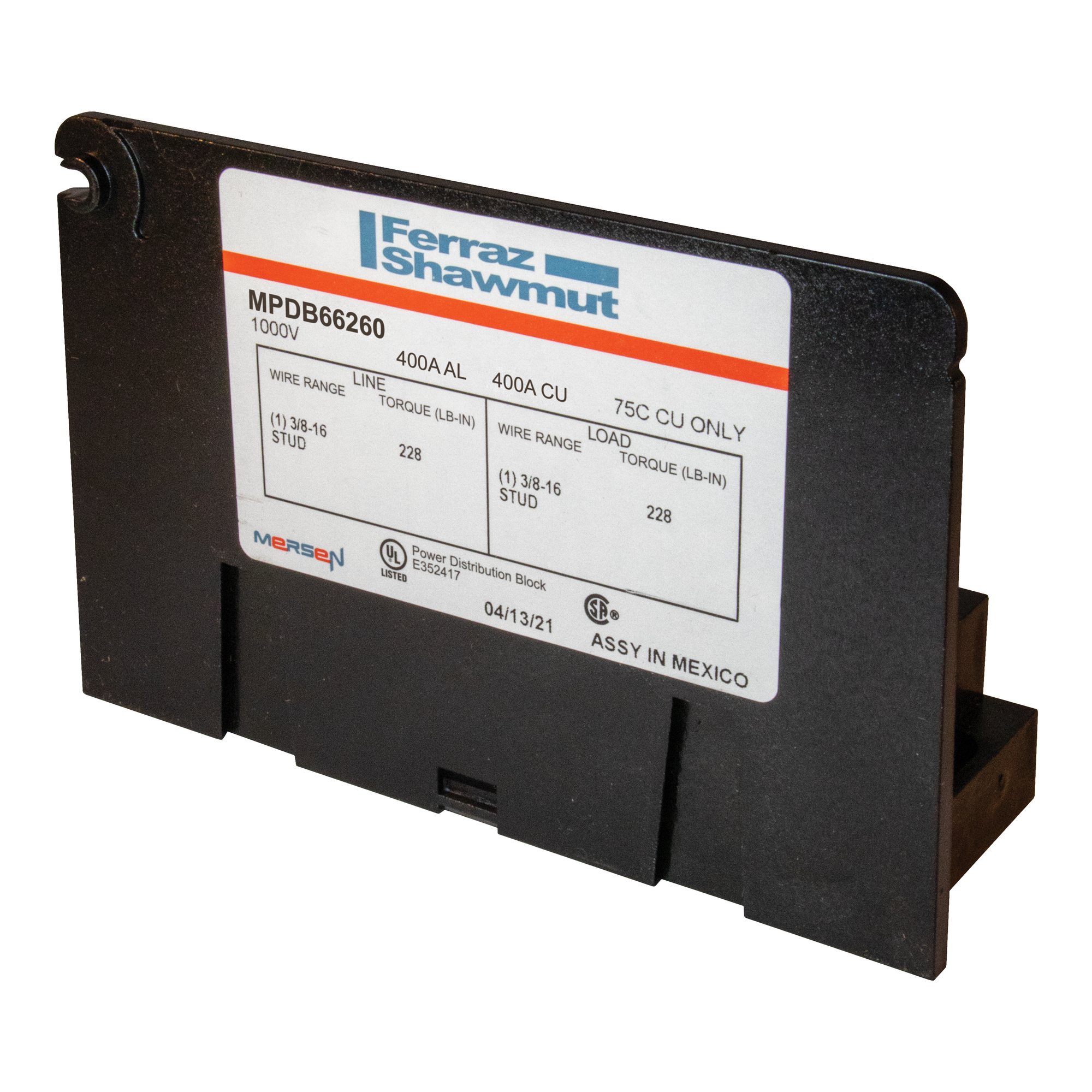 MPDB66260 Adder Intermediate Open Style Power Distribution Block, 600 V AC, 400 A, Polycarbonate