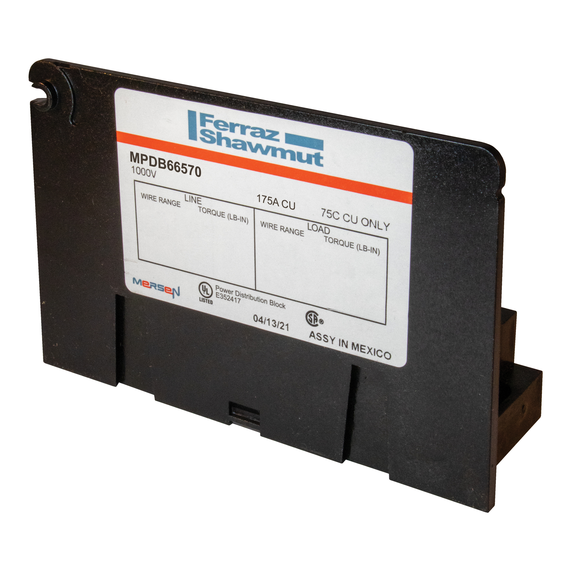 MPDB66570 Adder Intermediate Open Style Power Distribution Block, 600 V AC, 175 A, 14 to 2/0 AWG Wire, Polycarbonate