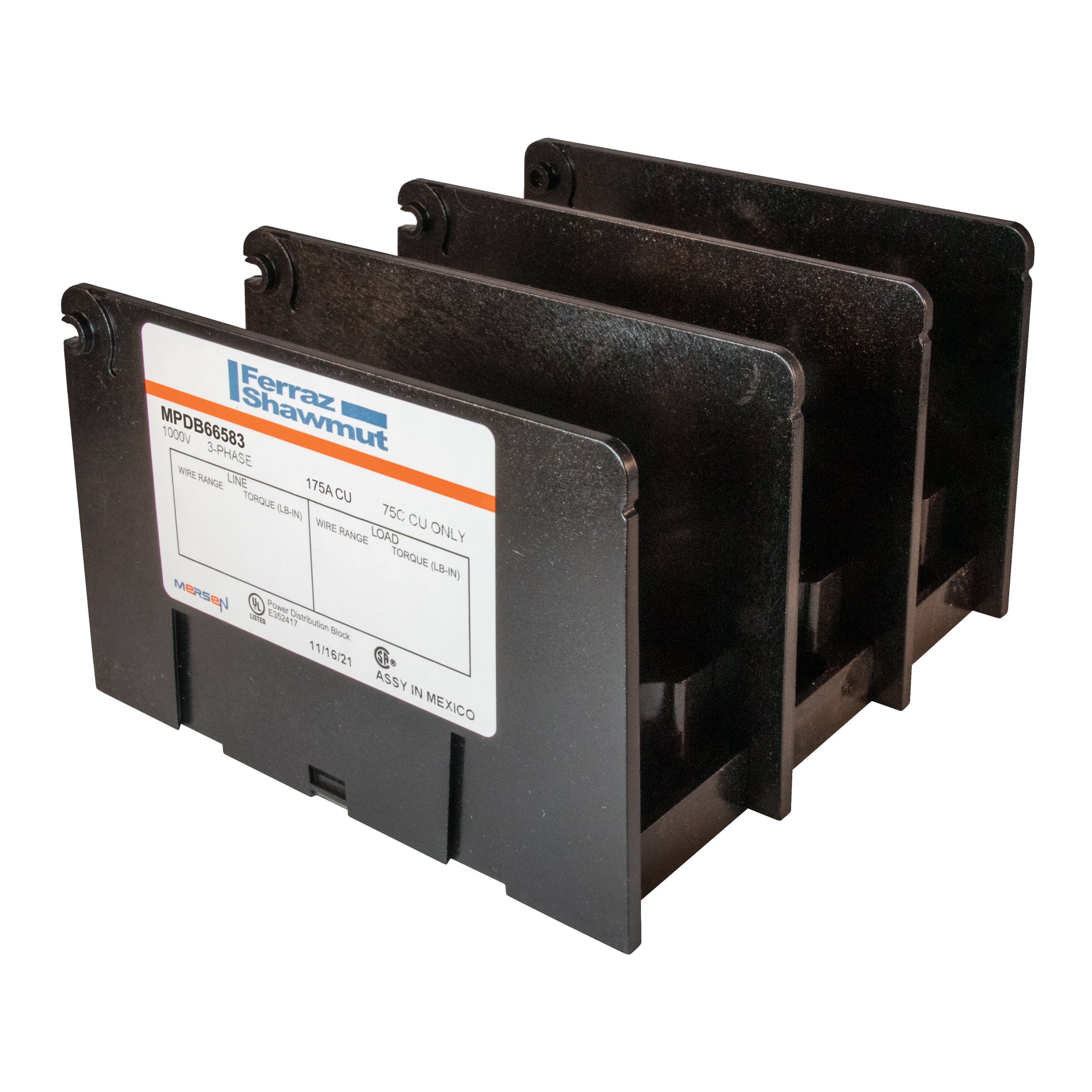 MPDB66583 Intermediate Open Style Power Distribution Block, 600 V AC, 175 A, 3 Poles, 14 to 2/0 AWG Wire, Polycarbonate