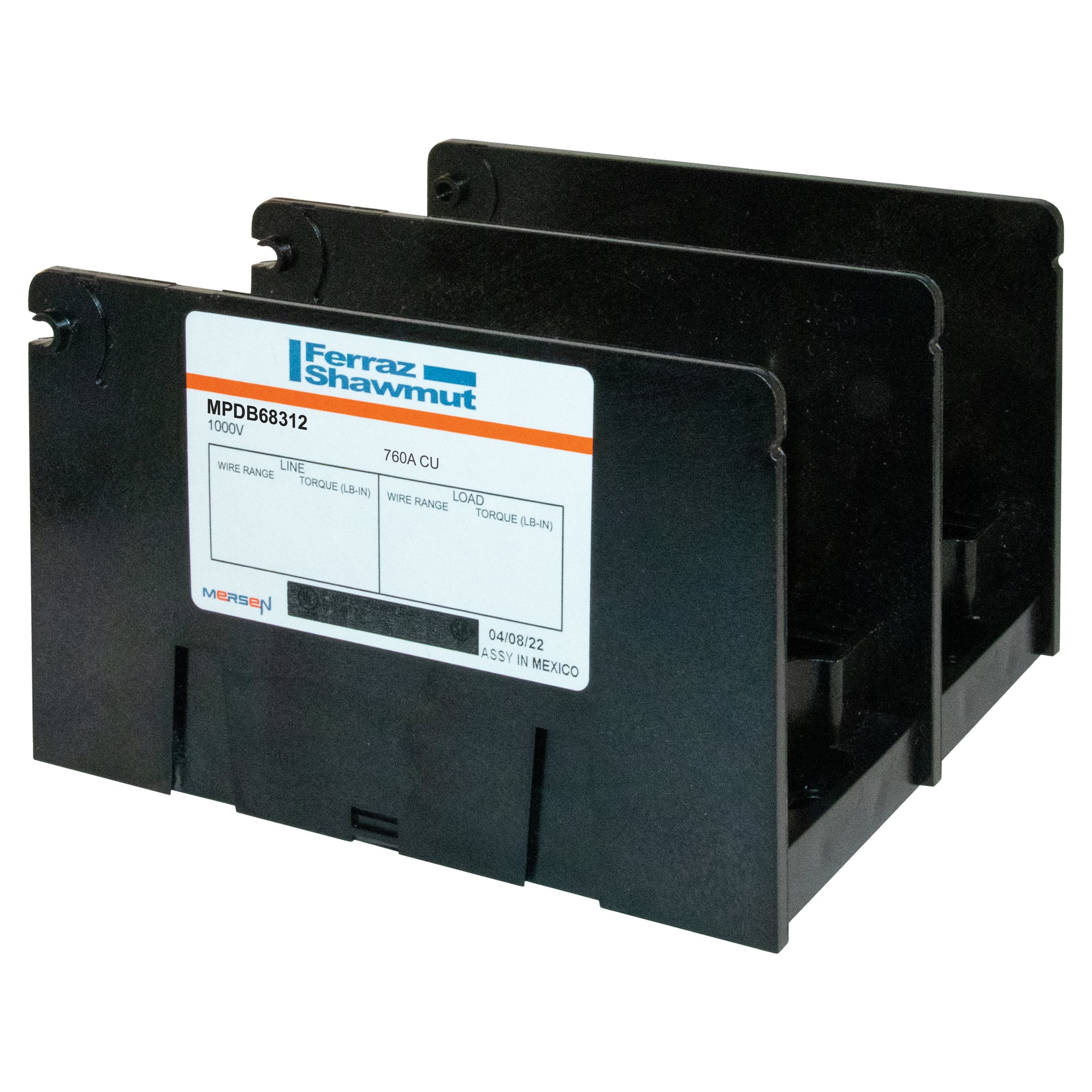 MPDB68312 Large Open Style Power Distribution Block, 1000 V AC/DC, 760 A, 2 Poles, 6 AWG to 350 kcmil Wire, Polycarbonate