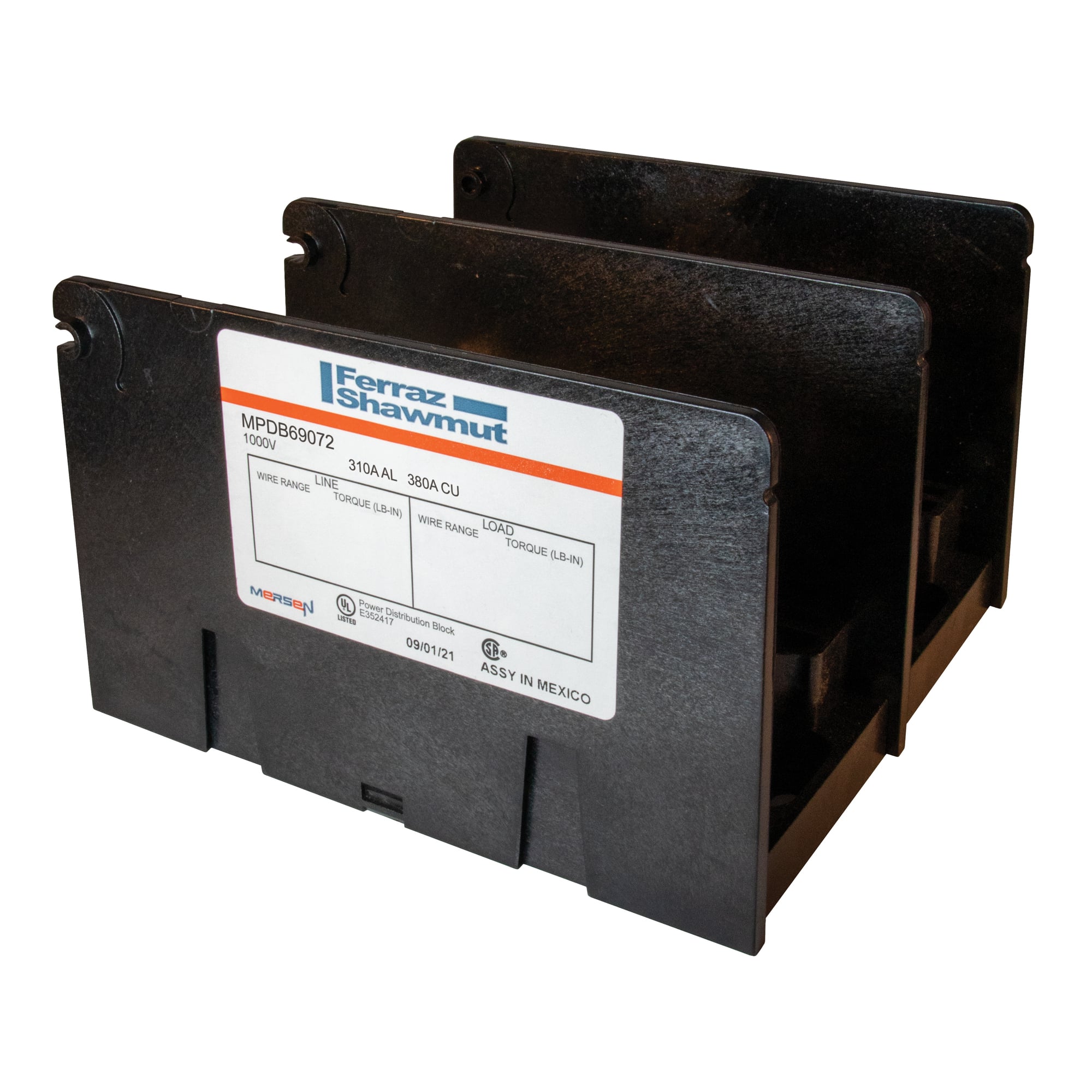 MPDB69072 Large Open Style Power Distribution Block, 600 V AC, 380 A, 2 Poles, 4 AWG to 500 kcmil Wire, Polycarbonate