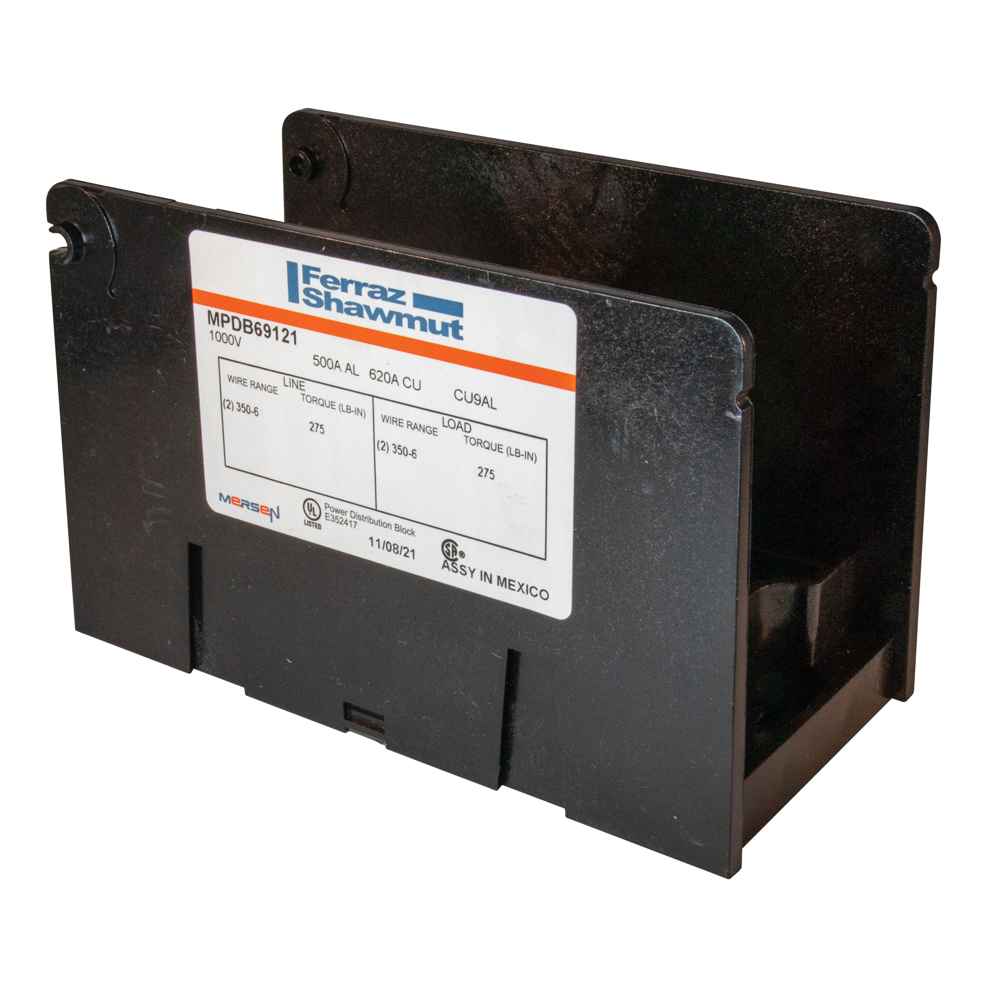MPDB69121 Large Open Style Power Distribution Block, 1000 V AC/DC, 620 A, 1 Pole, 6 AWG to 350 kcmil Wire, Polycarbonate