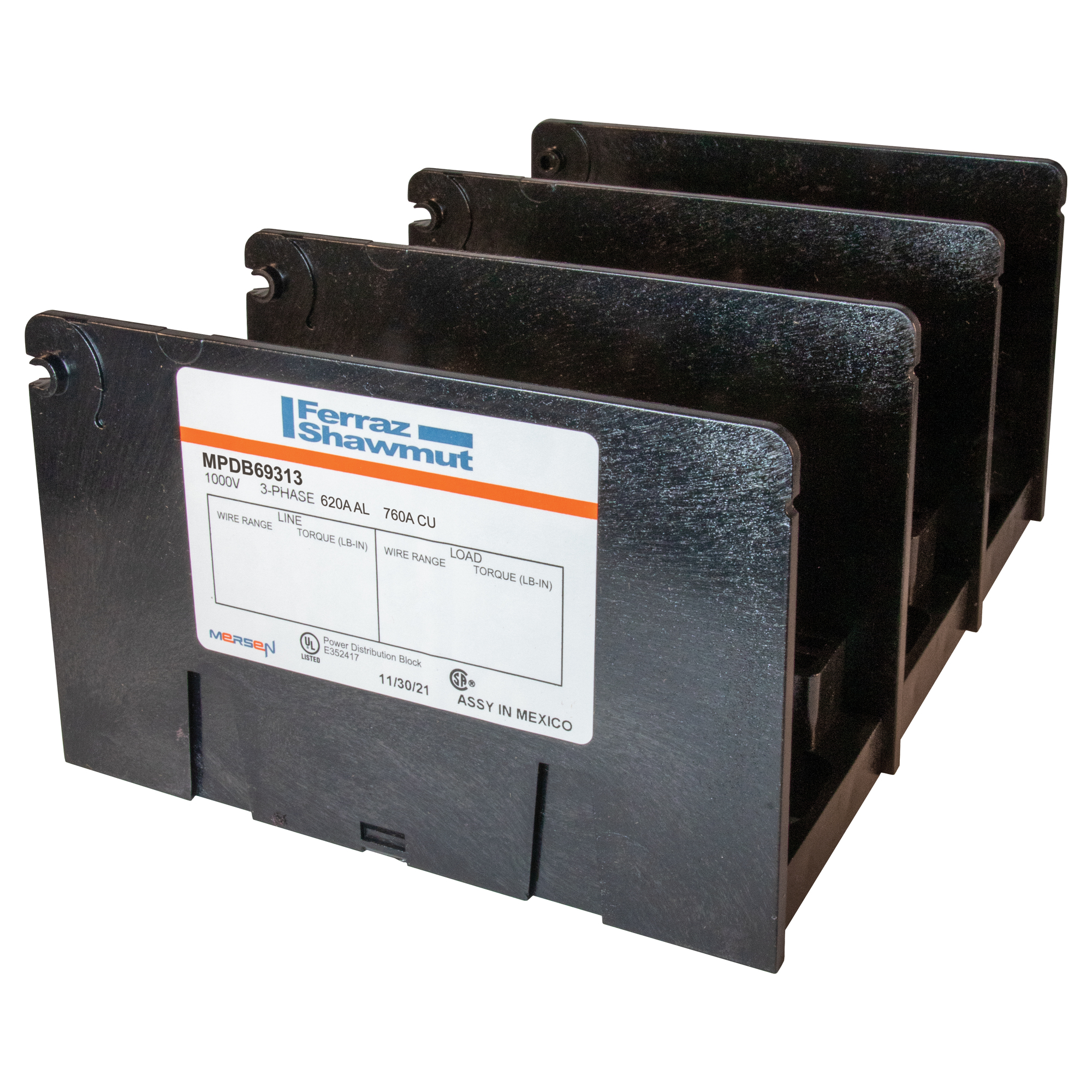 MPDB69313 Large Open Style Power Distribution Block, 600 V AC, 760 A, 3 Poles, 4 AWG to 500 kcmil, 6 to 4/0 AWG Wire, Polycarbonate