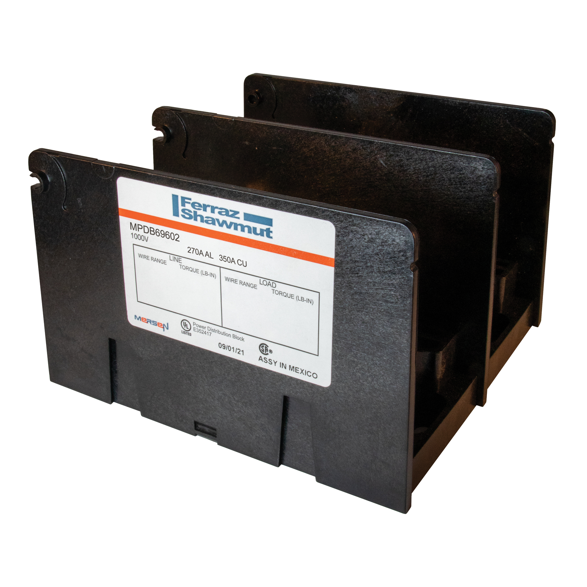 MPDB69602 Large Open Style Power Distribution Block, 600 V AC, 350 A, 2 Poles, 14 to 2/0 AWG Wire, Polycarbonate