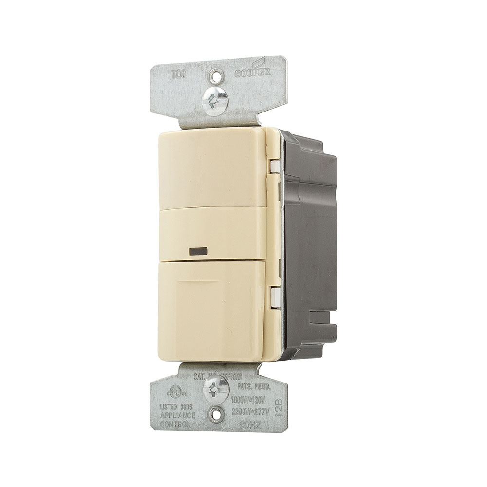 Eaton occupancy sensor switch, Decorator, Flush, 120/277V, Wire lead, Ivory, Inc, MLV, ELV, Flr, halo, CFL, LED, Elec mtr lds, 1-pole, 3-way, 1-ph, 1000 sq ft, 2-rly, 800W (Inc/hal @120V), 1200W (Flr @120V), 2200W (Flr @277V) 729379