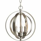 Inspired by ancient astronomy armillary spheres, the interlocking rings pivot for an infinite variety of positions. Three-light mini-pendant in Burnished Silver is ideal for installations over a farmhouse table, dining room setting or kitchen island. Can be used individually or in groupings of two or more.