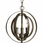 Inspired by ancient astronomy armillary spheres, the interlocking rings pivot for an infinite variety of positions. Three-light mini-pendant in Antique Bronze is ideal for installations over a farmhouse table, dining room setting or kitchen island. Can be used individually or in groupings of two or more.