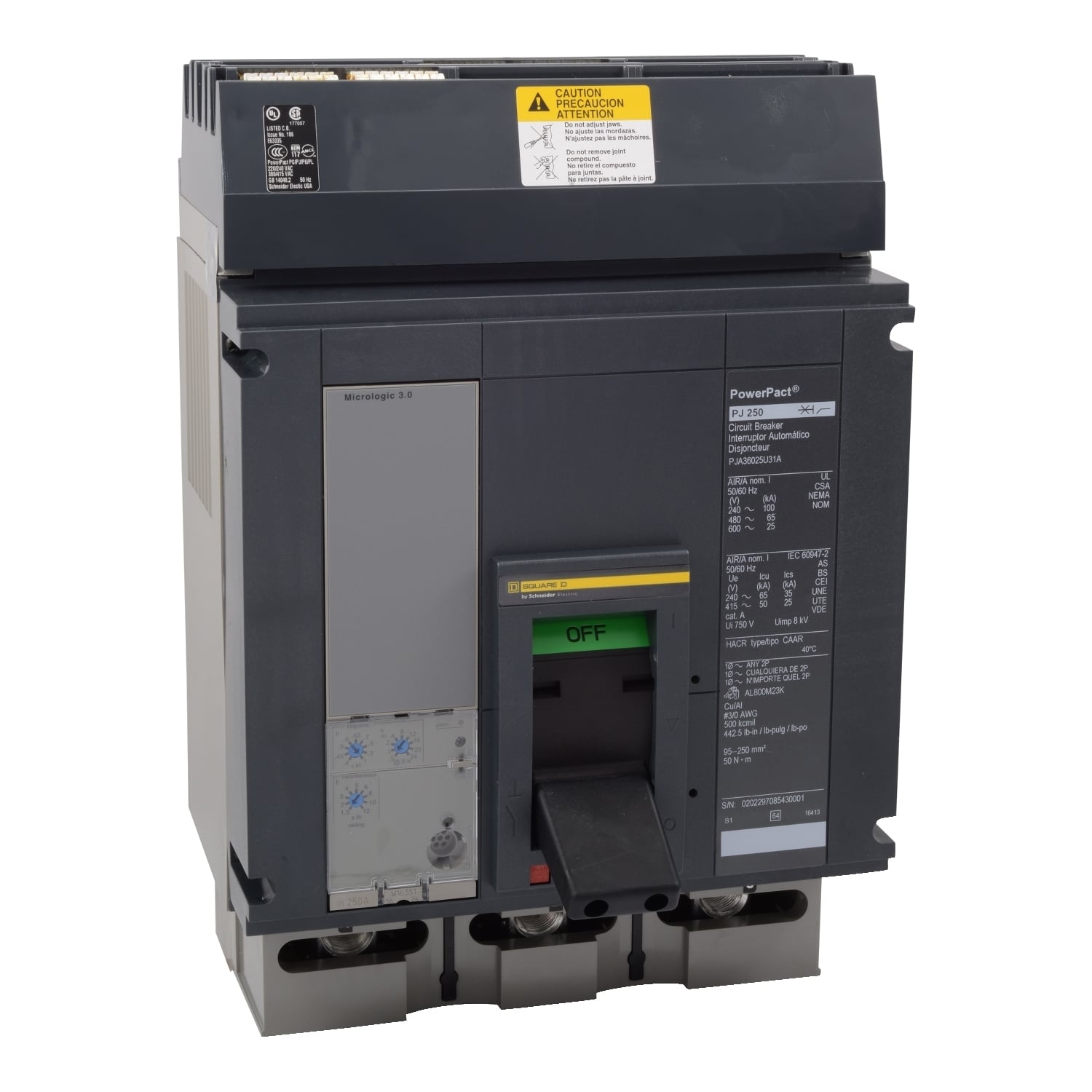 PJA36060U43A I-Line PowerPact Type PJA Molded Case Circuit Breaker, 600 V AC, 600 A, 65/25/100 kA Interrupt, 3 Poles, Electronic Trip