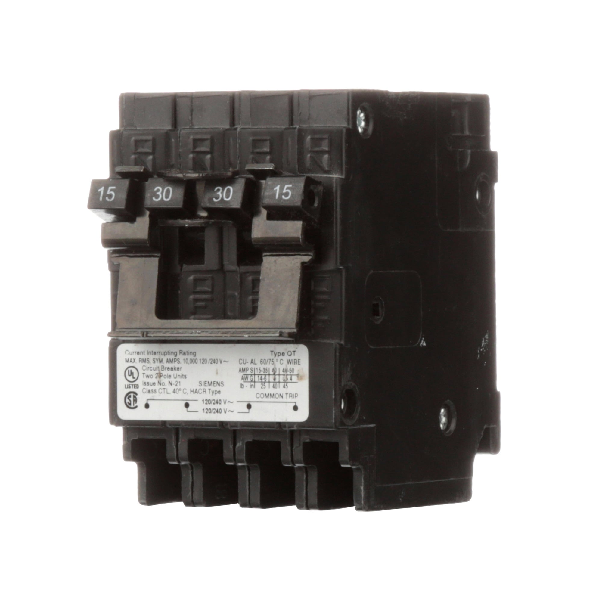 Q21530CT2 Low Voltage Miniature Quadplex Residential Molded Case Circuit Breaker, 120/240 V AC, 15 to 30 A, 10 kA Interrupt, 2 Poles, Thermal Magnetic Trip