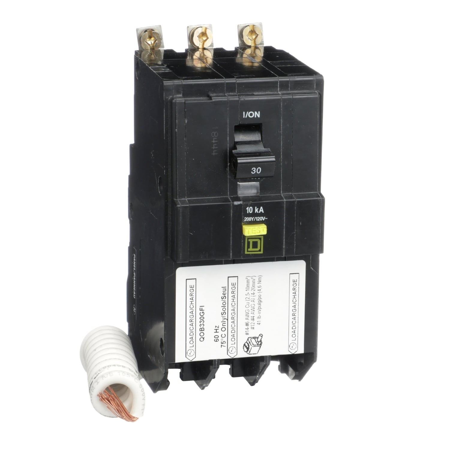QOB330GFI Type QOB-GFI Class A Ground Fault Miniature Circuit Breaker, 208Y/120 V AC, 30 A, 10 kA Interrupt, 3 Poles, Thermal Magnetic Trip