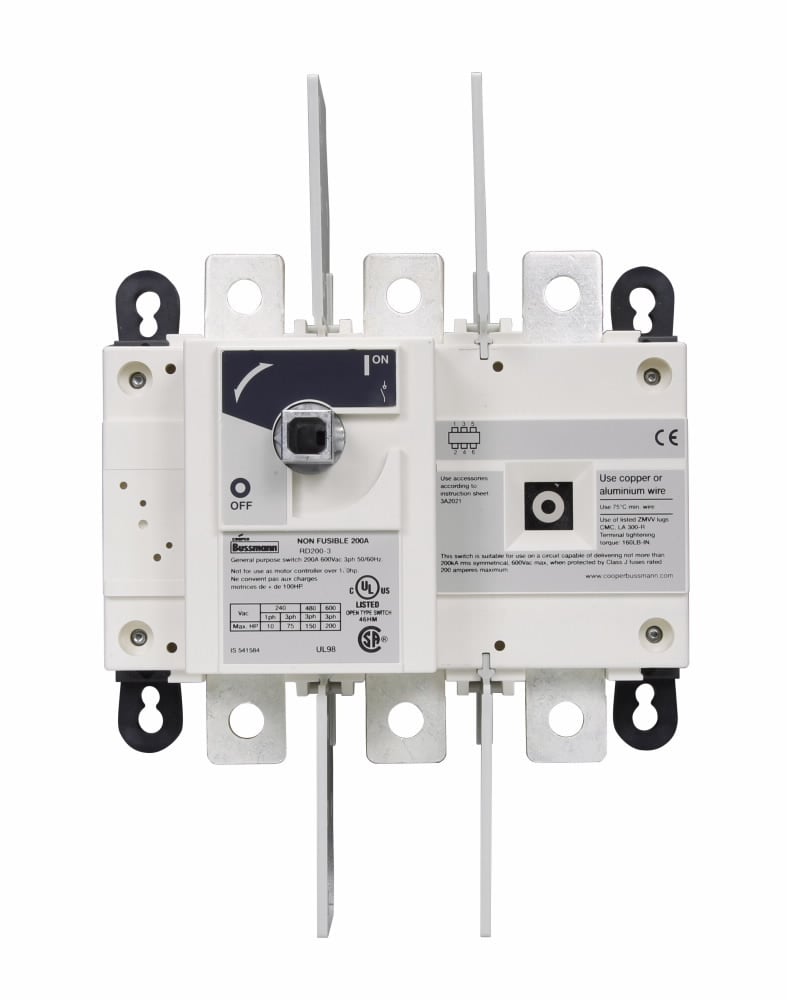 RD200-4 Non-Fused Standard Open Rotary Disconnect Switch, 600 V AC/250 V DC, 200 A, 10 hp, 75 hp at 220/240 VAC, 150 hp at 440/480 VAC, 200 hp at 600 VAC, 1NO-1NC 1 Form A/1 Form B Contact, 4 Poles