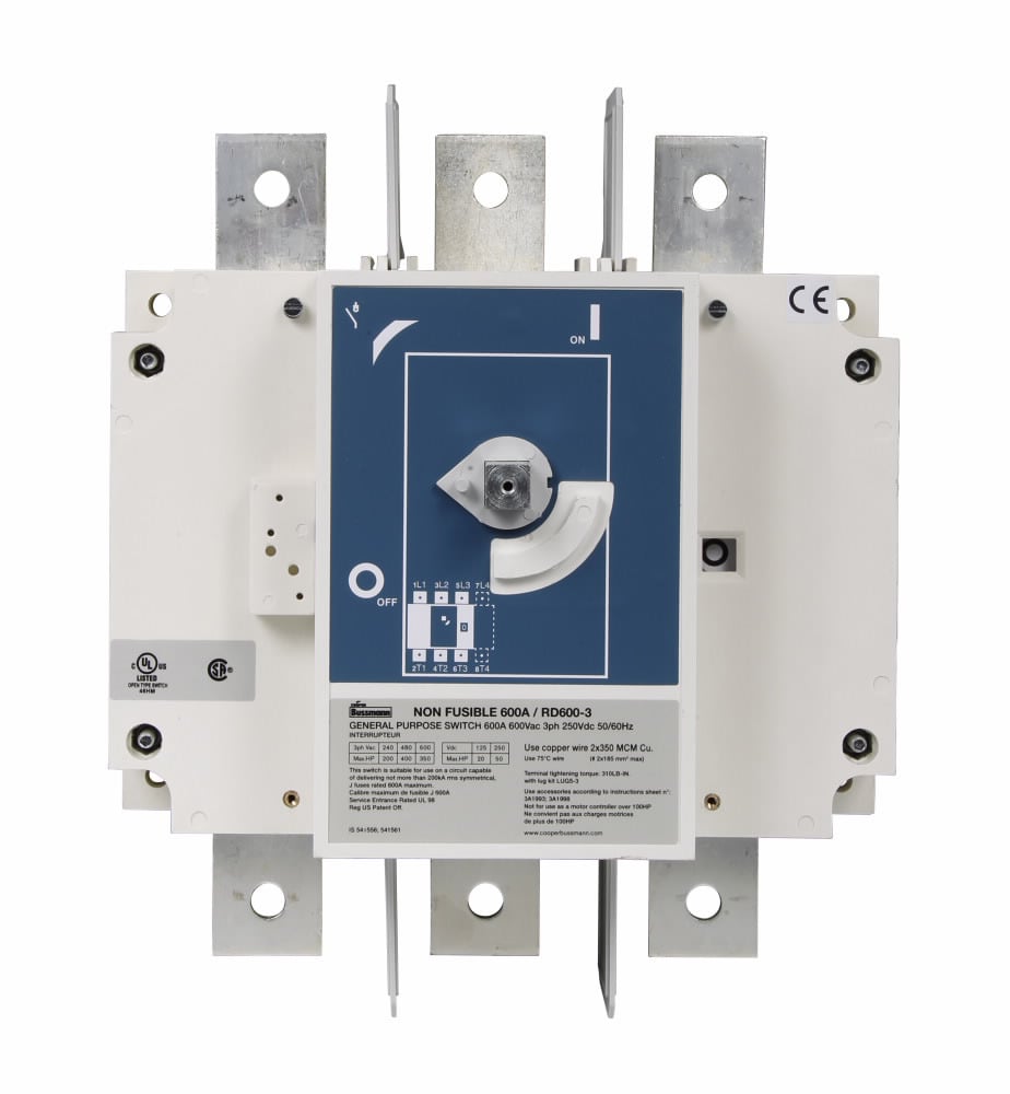 RD600-4 Non-Fused Standard Open Rotary Disconnect Switch, 600 V AC/250 V DC, 600 A, 240 hp at 220/240/400 to 440/480 VAC/350 hp at 600 VAC, 1NO-1NC 1 Form A/1 Form B Contact, 4 Poles