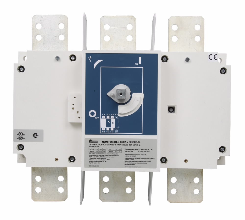 RD800-3 Non-Fused Standard Open Rotary Disconnect Switch, 600 V AC, 800 A, 240 hp at 220/240/400 to 440/480 V AC/350 hp at 600 V AC, 1NO-1NC 1 Form A/1 Form B Contact, 3 Poles