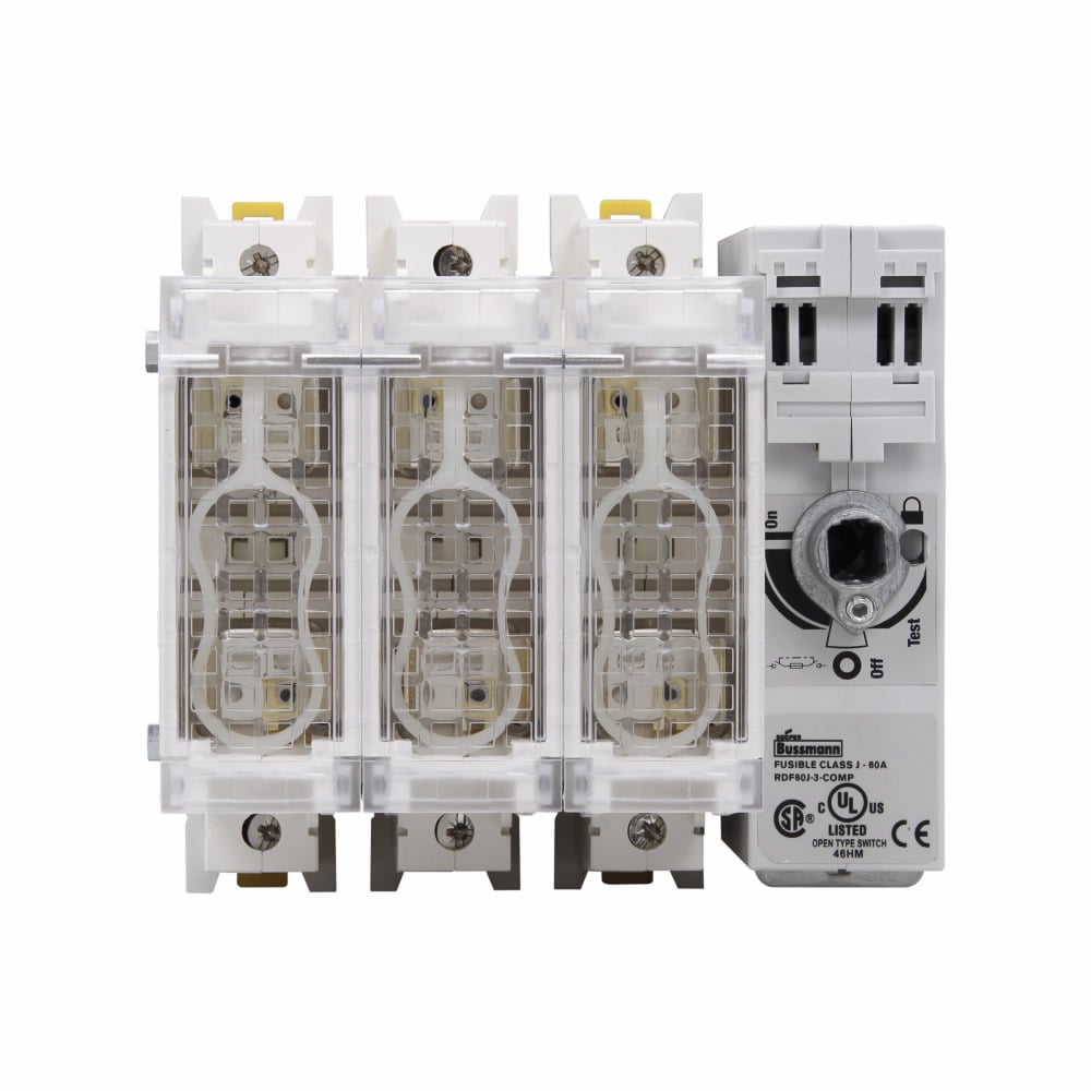 RDF60J-4-COMP Compact Class J Fused Open Rotary Disconnect Switch, 600 V AC/250 V DC, 60 A, 15 hp at 220/240 VAC/30 hp at 440/480 VAC/50 hp at 600 VAC/5 hp at 125 VDC/10 hp at 250 VDC, 1NO-1NC 1 Form A/1 Form B Contact, 4 Poles